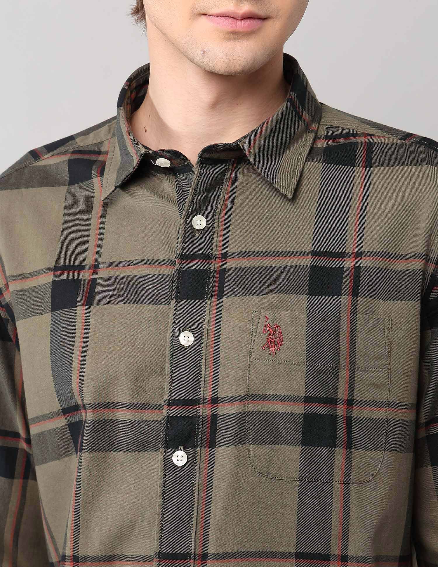 Grid Tattersall Checked Pure Cotton Shirt Khaki - U.S. POLO ASSN. | Large