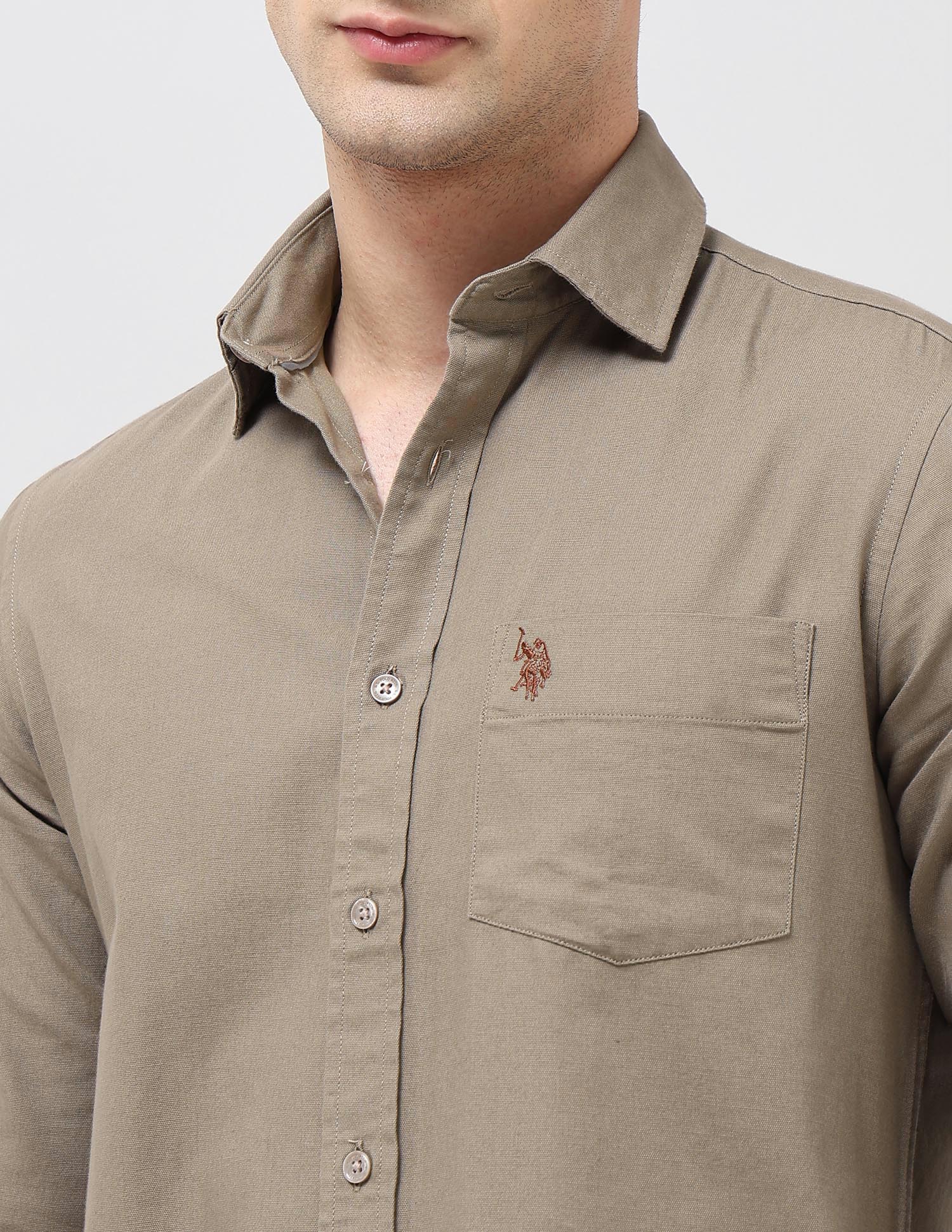 Tailored Fit Solid Shirt Light Brown - U.S. Polo Assn. India | Large