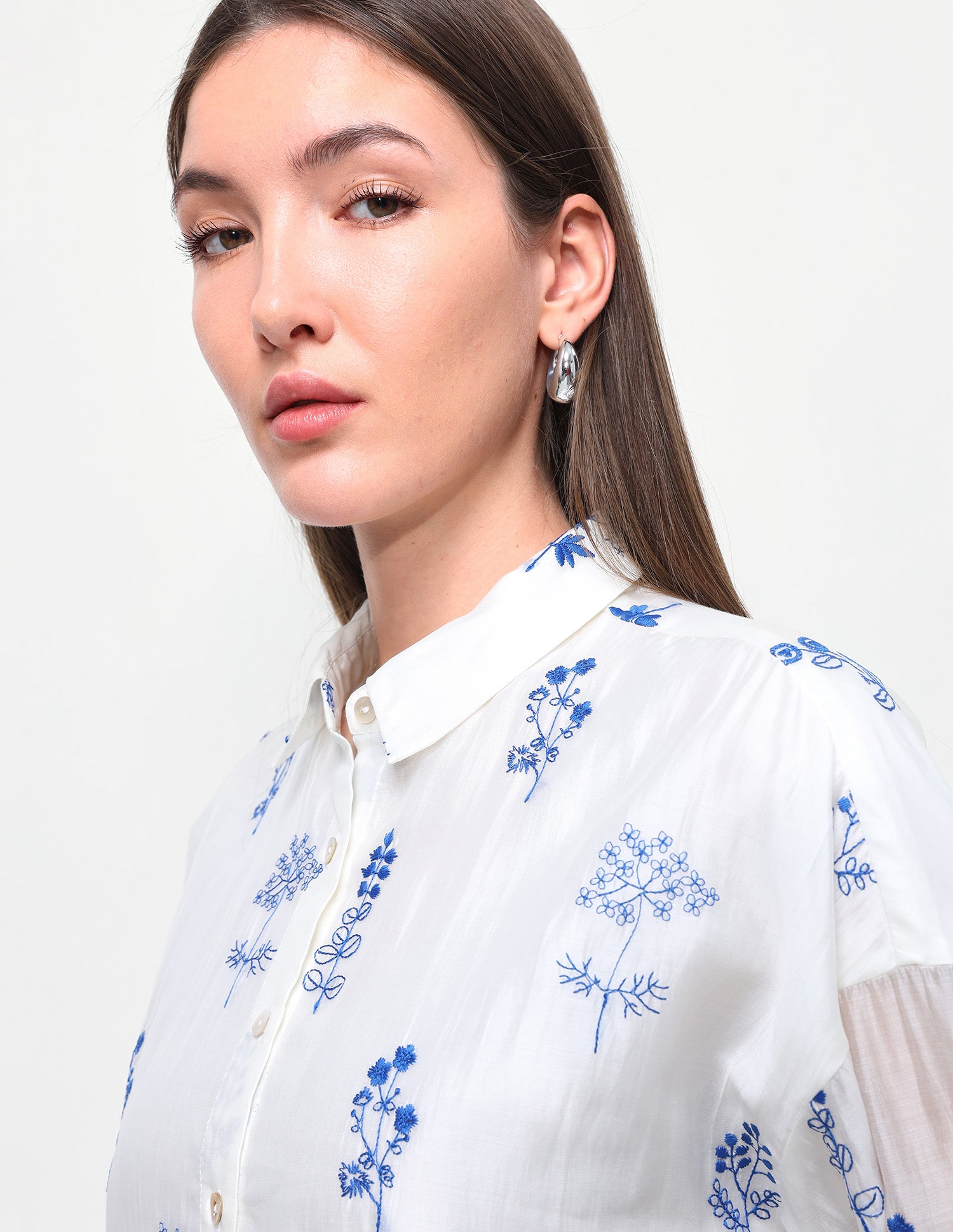 Floral Embroidered Oversized Fit Shirt Off White - U.S. Polo Assn. India | Large