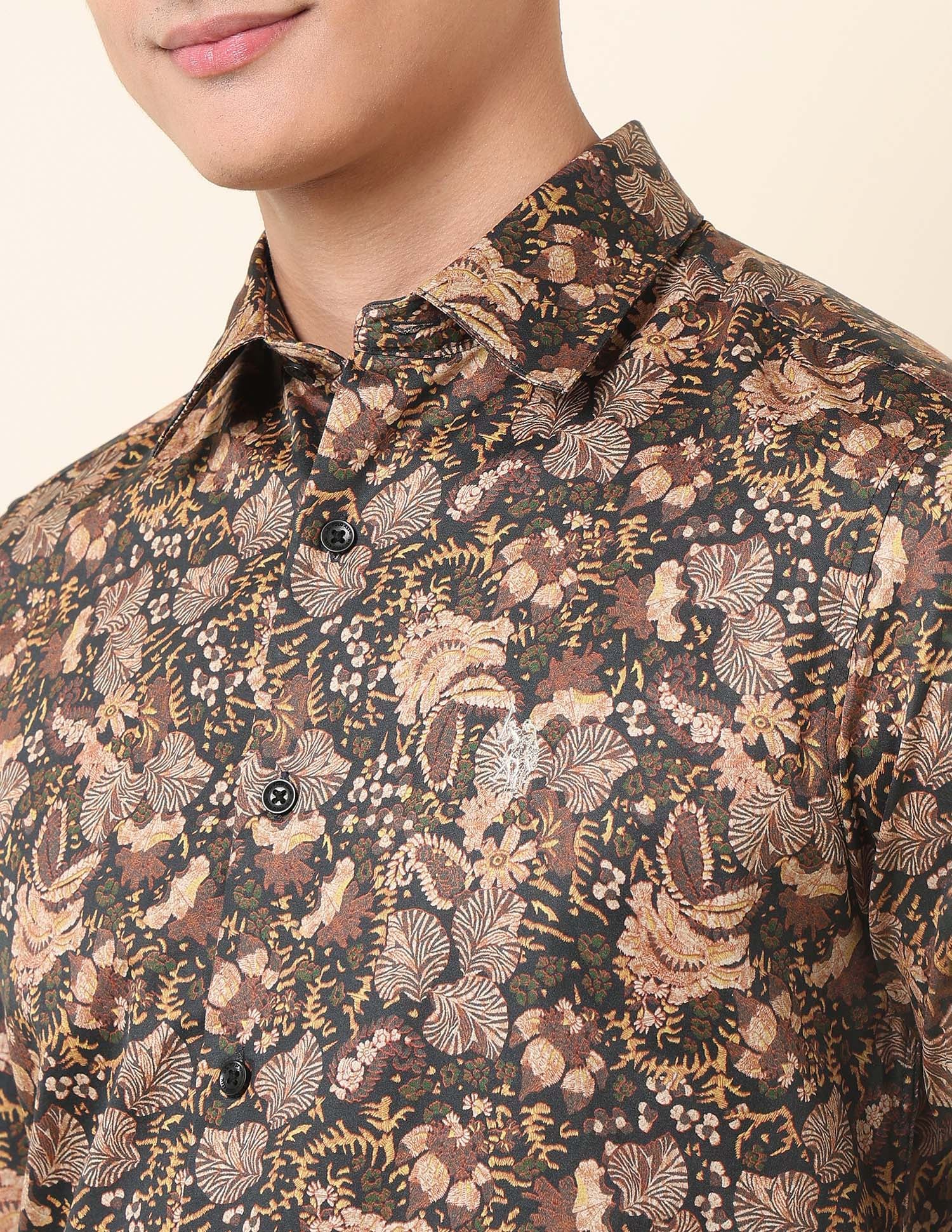 Floral Printed Satin Pure Cotton Shirt Brown - U.S. Polo Assn. India | Large