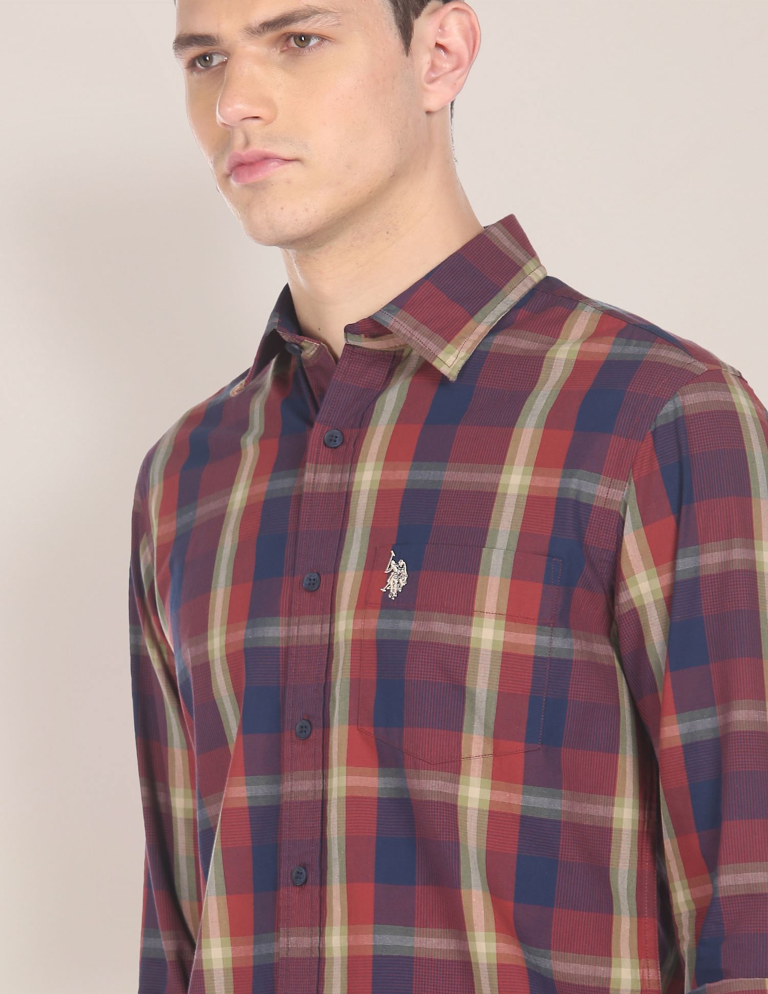 Men Maroon Spread Collar Check Casual Shirt Maroon - U.S. POLO ASSN. | Large
