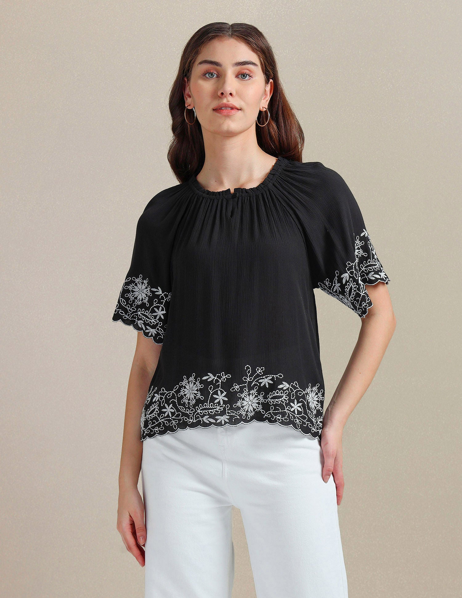 Crinkle Viscose Embroidered Top Black - U.S. Polo Assn. India | Large