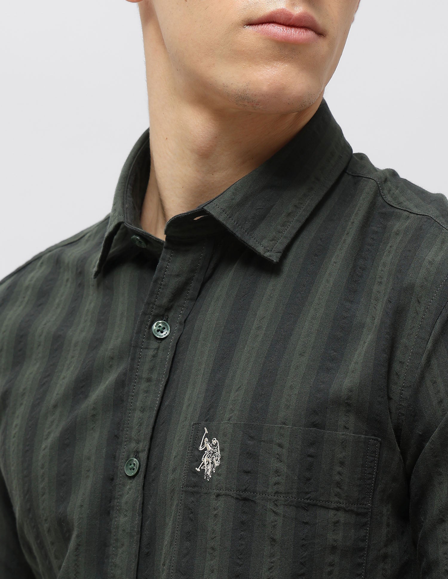 Vertical Striped Seersucker Shirt Olive - U.S. Polo Assn. India | Large
