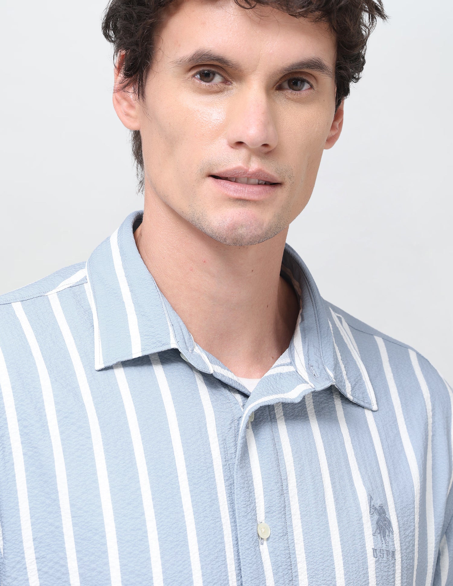 Vertical Striped Seersucker Shirt Light Blue - U.S. Polo Assn. India | Large