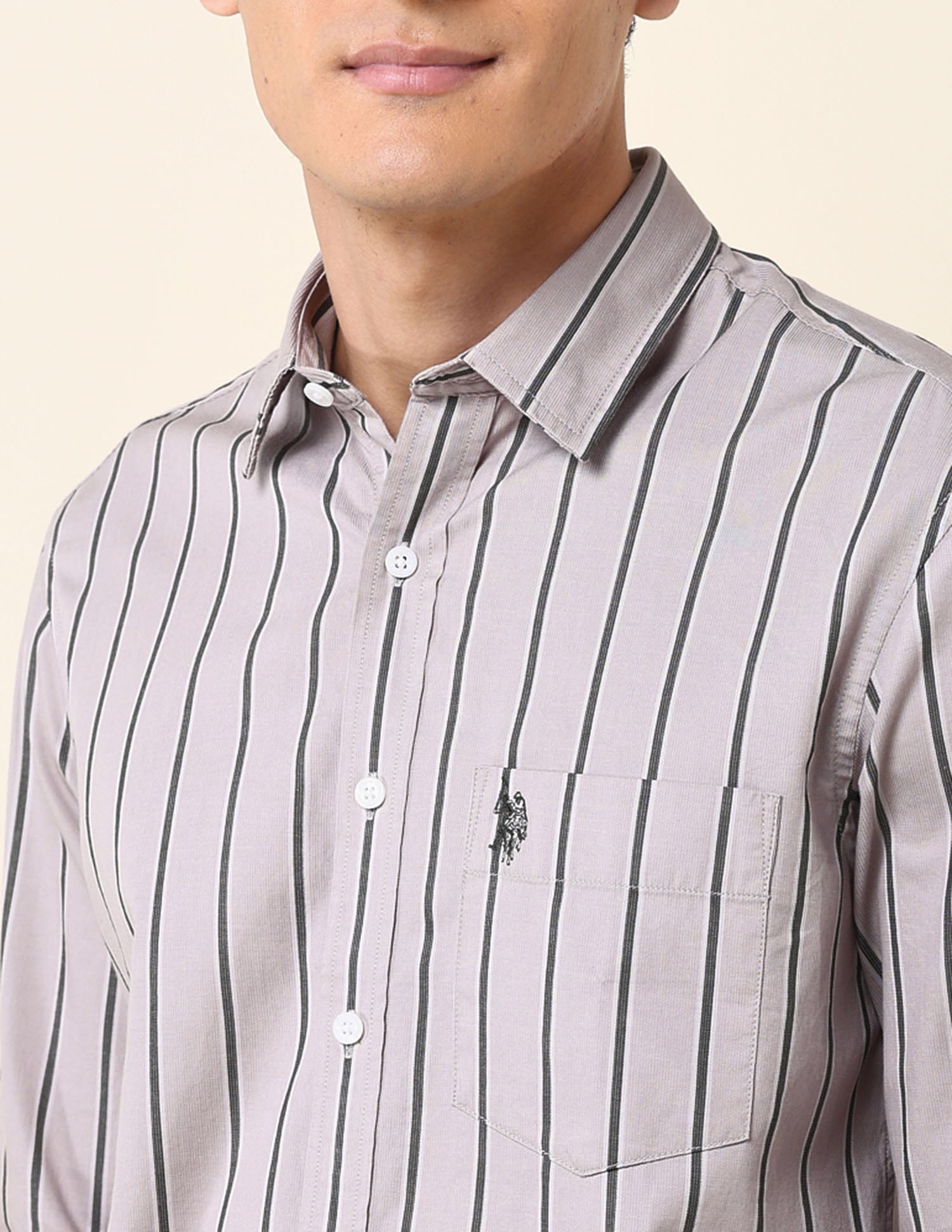 Vertical Striped Tailored Fit Shirt Light Khaki - U.S. Polo Assn. India | Large