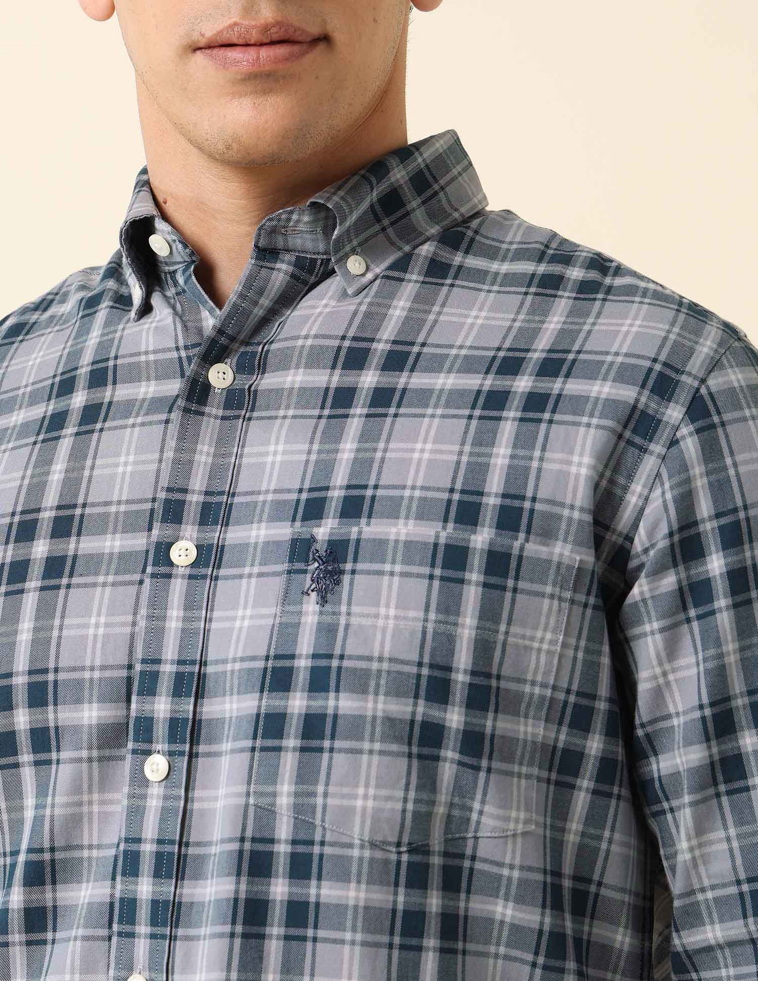 Pure Cotton Grid Tattersall Checked Shirt Grey - U.S. POLO ASSN. | Large