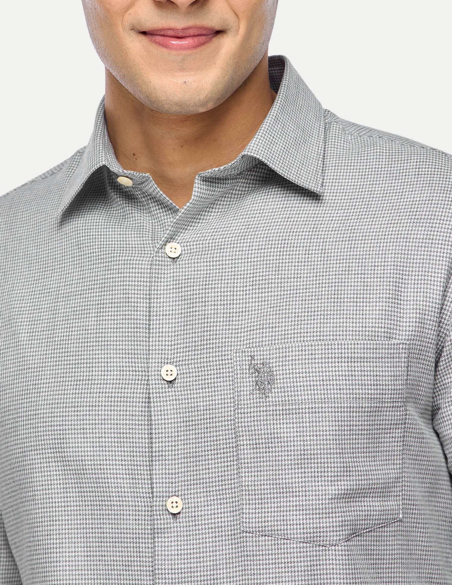 Houndstooth Printed Twill Shirt Light Grey - U.S. Polo Assn. India | Large