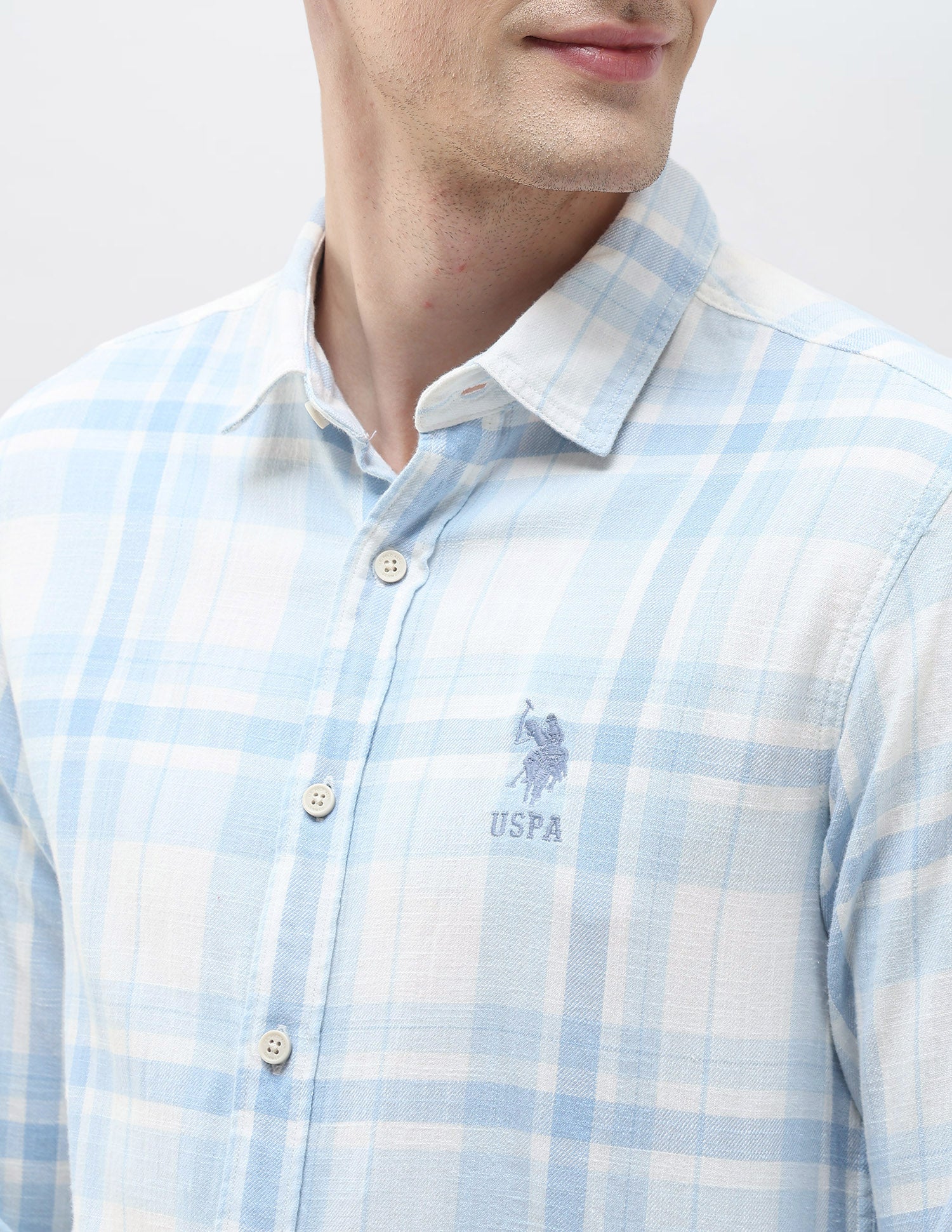 Tartan Checked Slim Fit Shirt Light Blue - U.S. Polo Assn. India | Large
