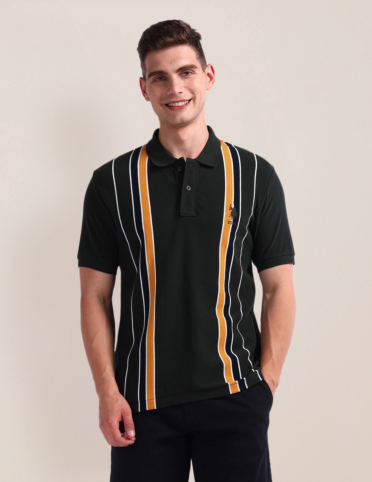 Pure Cotton Stripe Polo Shirt Olive - U.S. Polo Assn. India | Large