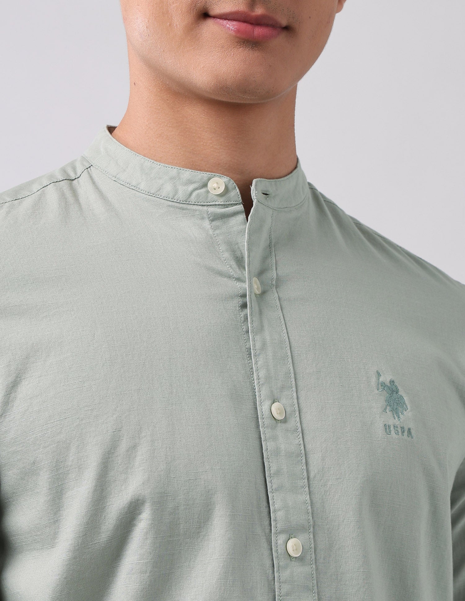 Slim Fit Poplin Mandarin Shirt Light Green - U.S. Polo Assn. India | Large