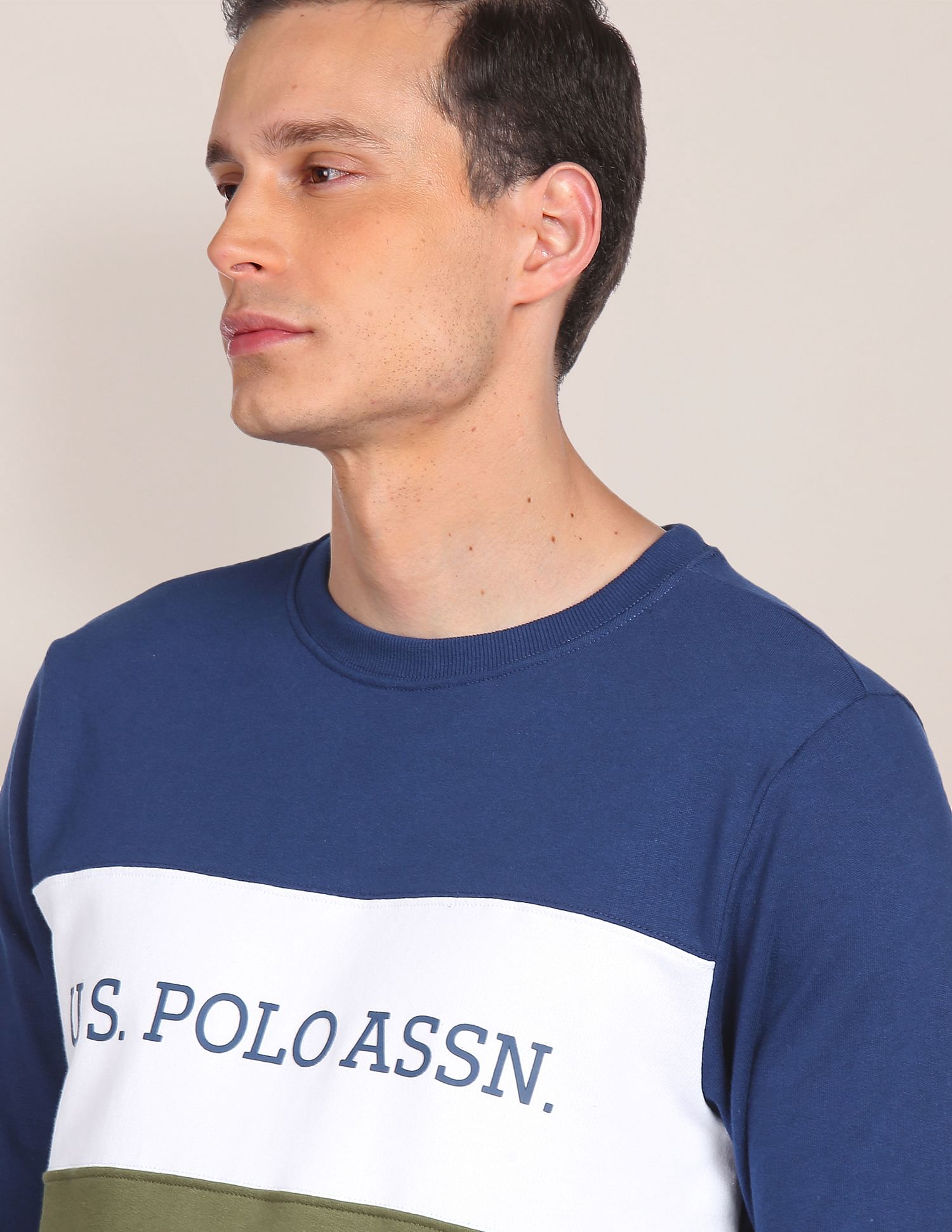 Colour Block Crew Neck Sweatshirt Navy and Olive - U.S. Polo Assn. India | Large