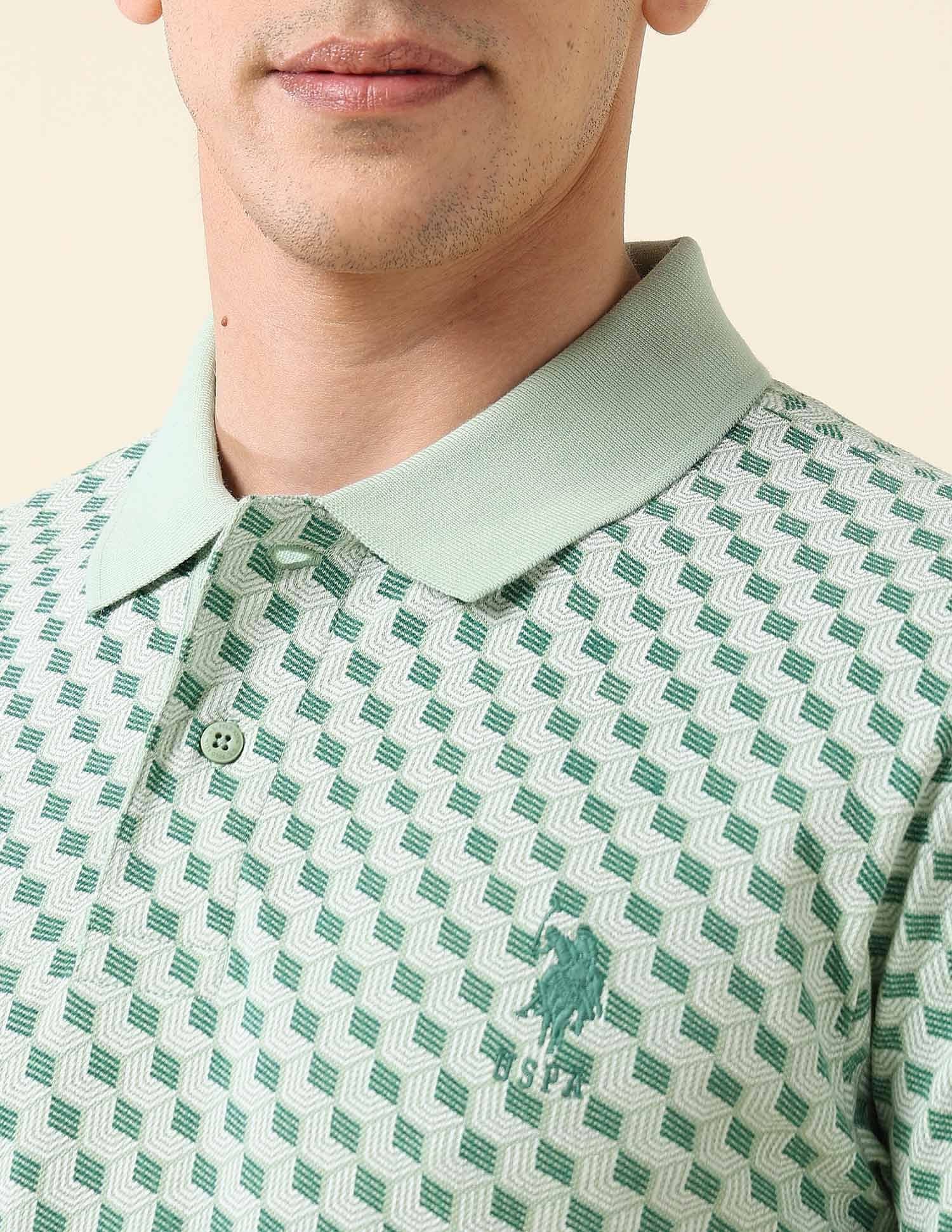 All-Over Printed Slim Fit Polo Shirt Light Green - U.S. Polo Assn. India | Large