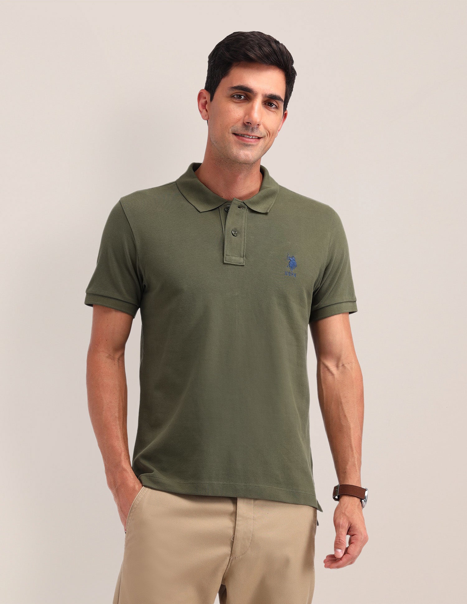 Solid Cotton Slim Fit Polo Shirt Olive - U.S. Polo Assn. India | Large