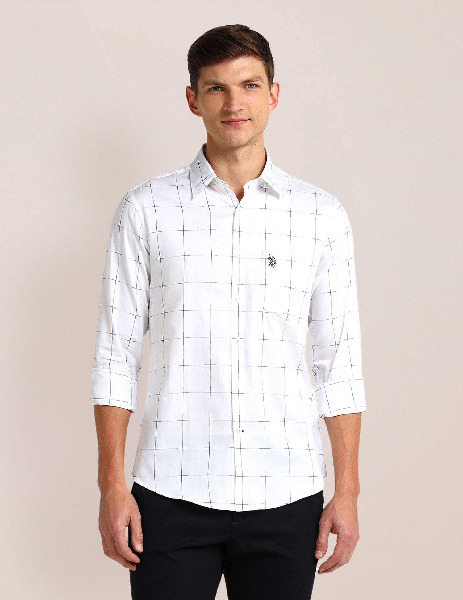 Tailored Fit Cotton Checked Shirt White - U.S. Polo Assn. India | Large