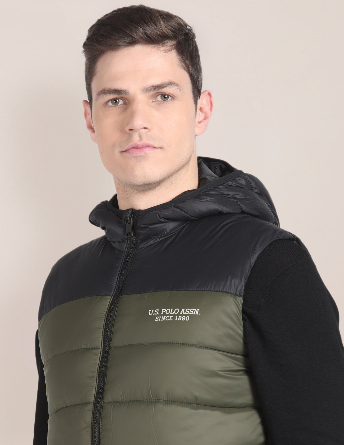 Colour Blocked Hooded Puffer Jacket Olive - U.S. POLO ASSN. | Large