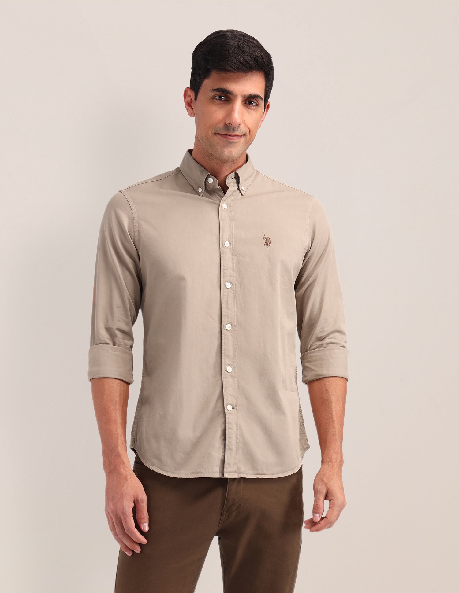 Solid Pattern Twill Shirt Beige - U.S. POLO ASSN. | Large