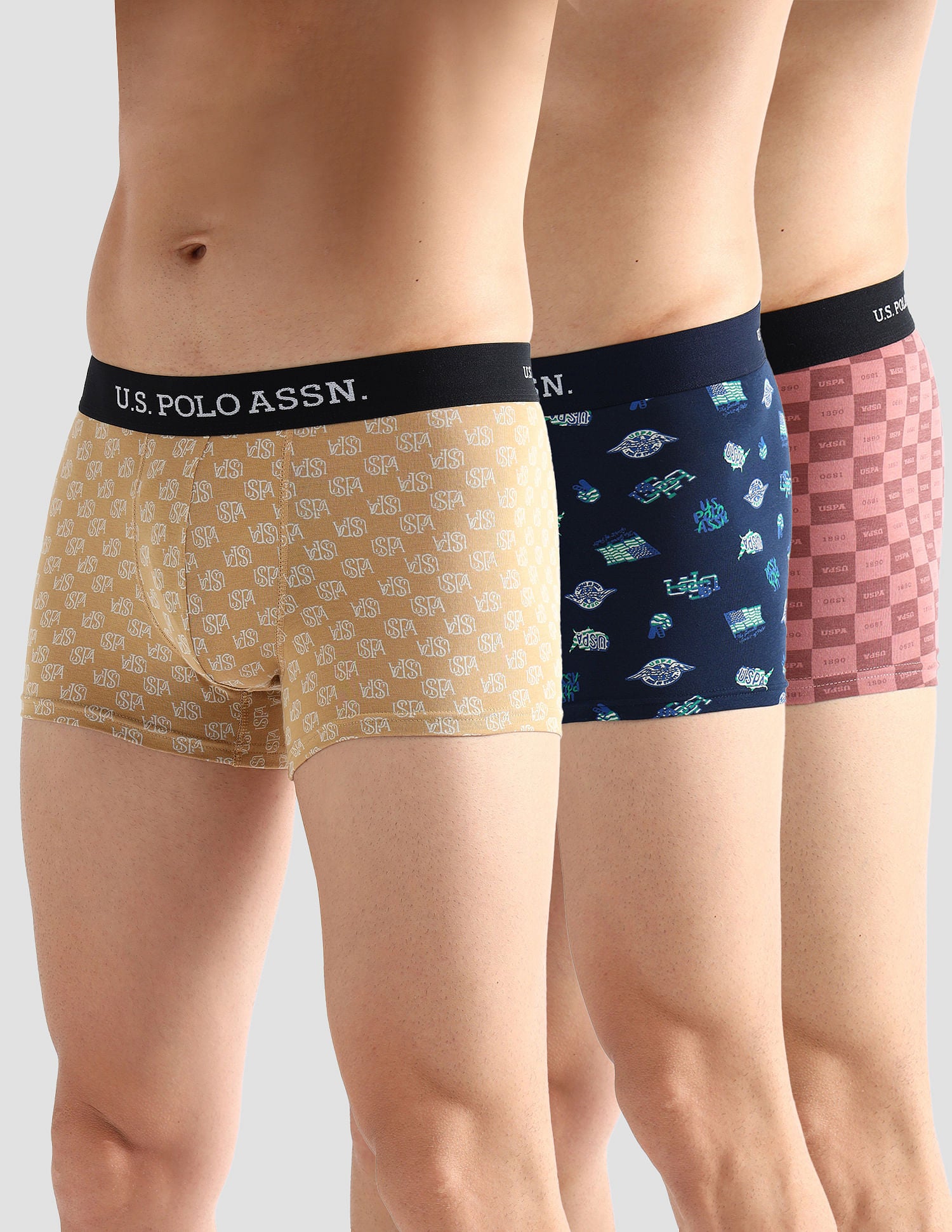 Elasticized Waist Solid OET14 Trunks - Pack Of 3 Iced Coffee, Navy and Old Rose - U.S. POLO ASSN. | Large