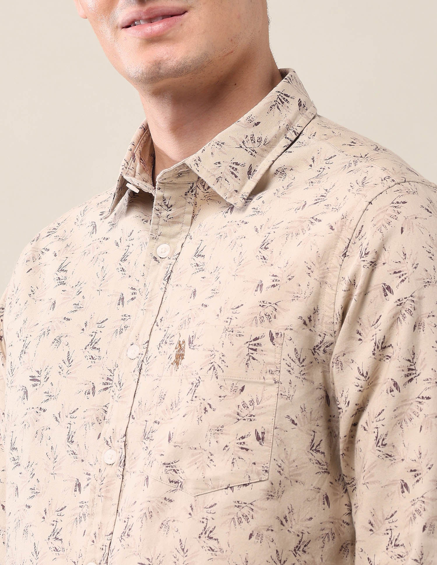 Tailored Fit All-Over Printed Shirt Beige - U.S. Polo Assn. India | Large
