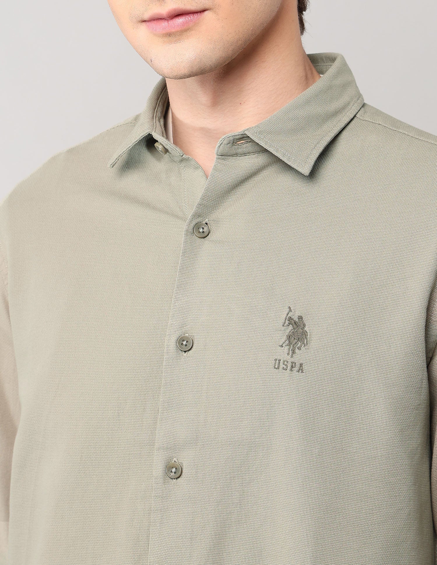 Pure Cotton Regular Fit Dobby Shirt Light Olive - U.S. Polo Assn. India | Large