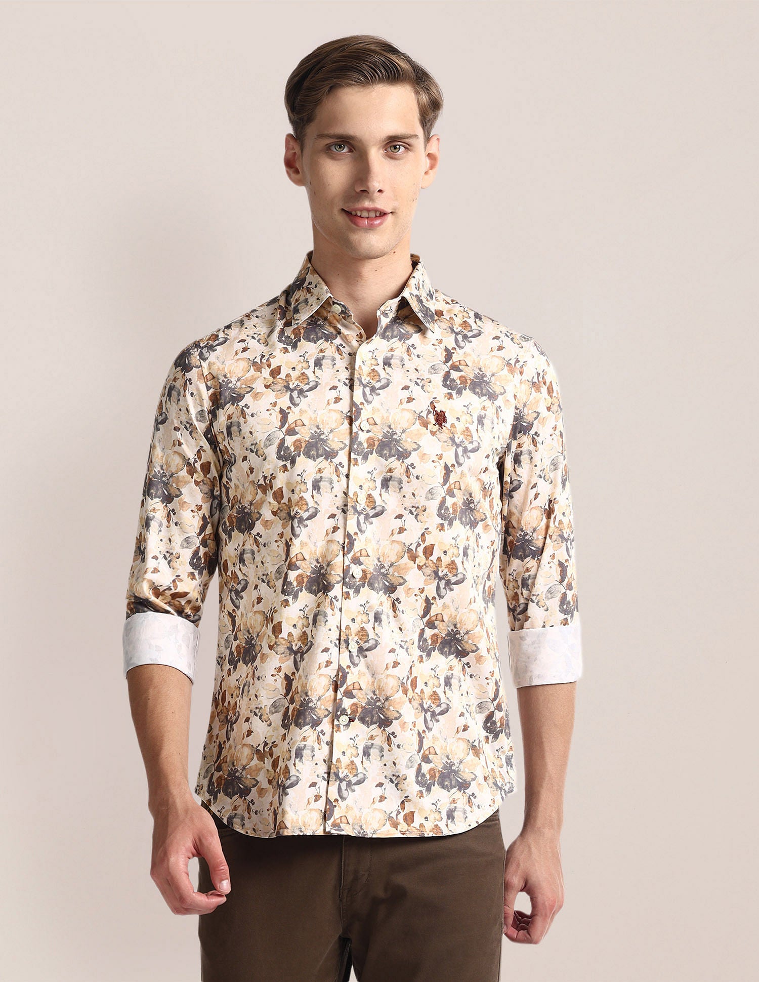 Floral Print Tailored Fit Shirt Beige - U.S. Polo Assn. India | Large