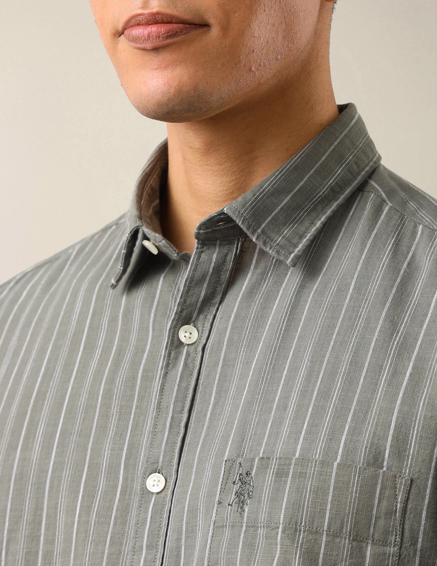 Vertical Striped Regular Fit Shirt Light Olive - U.S. Polo Assn. India | Large