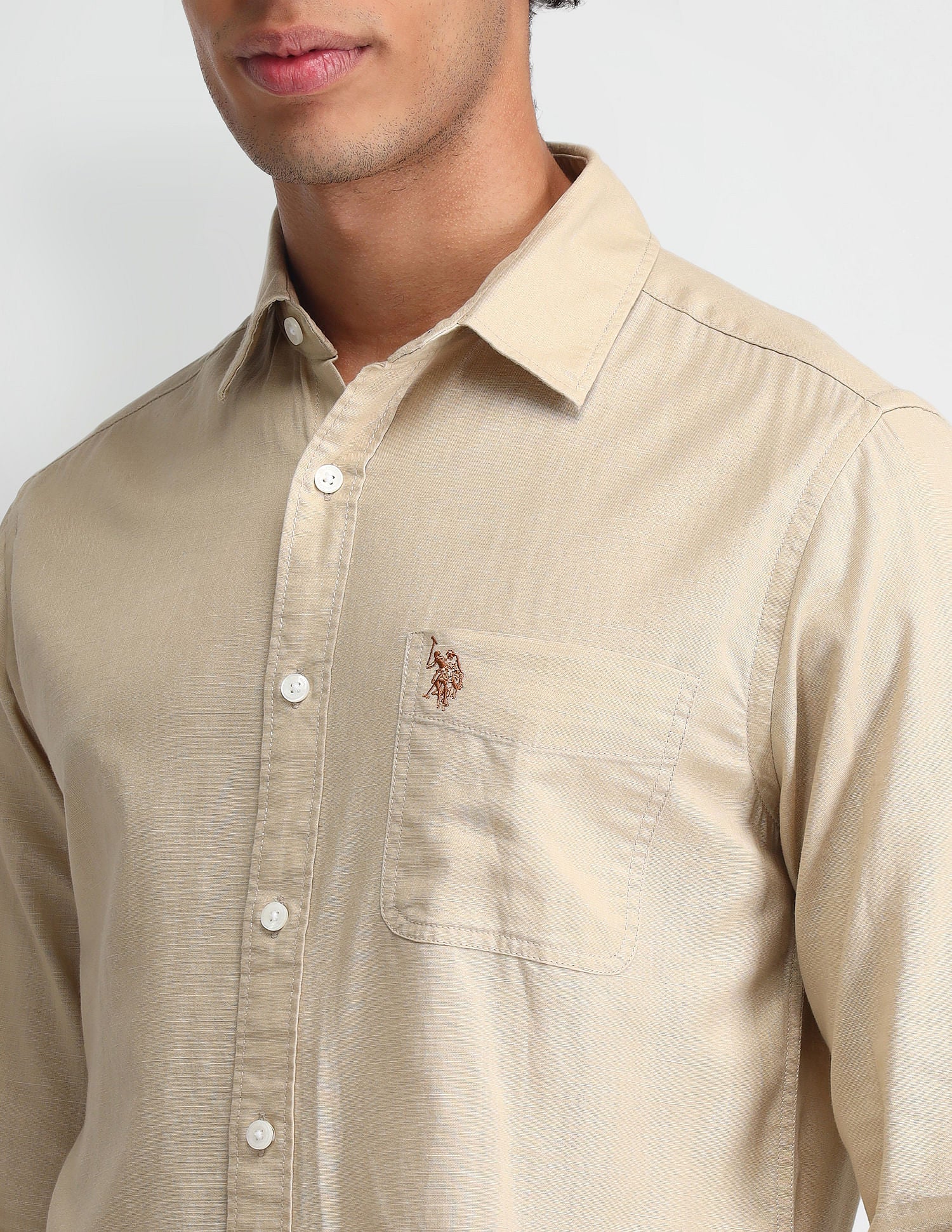 Slim Fit Solid Twill Shirt Khaki - U.S. Polo Assn. India | Large