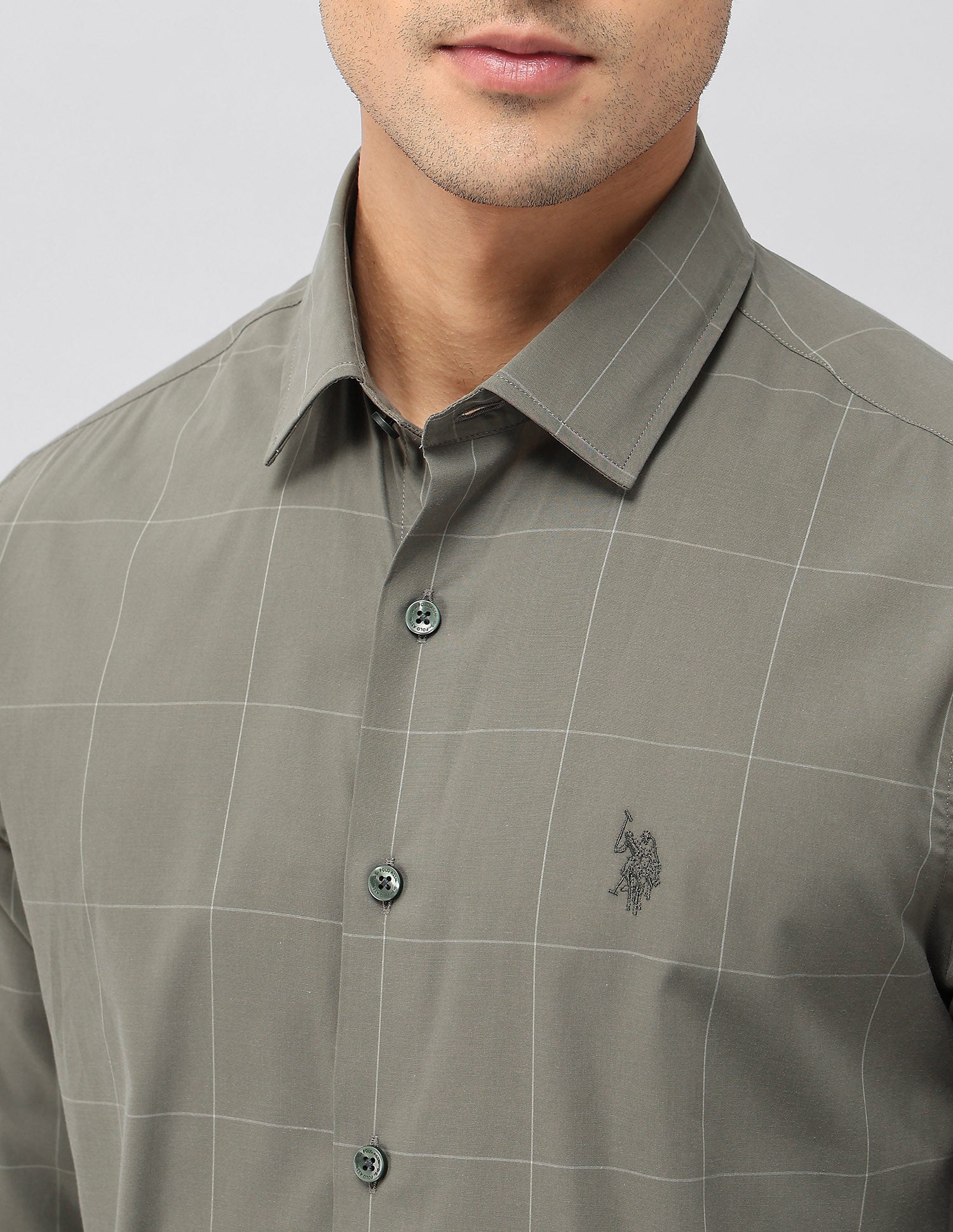 Windowpane Checked Tailored Fit Shirt Green - U.S. POLO ASSN. | Large