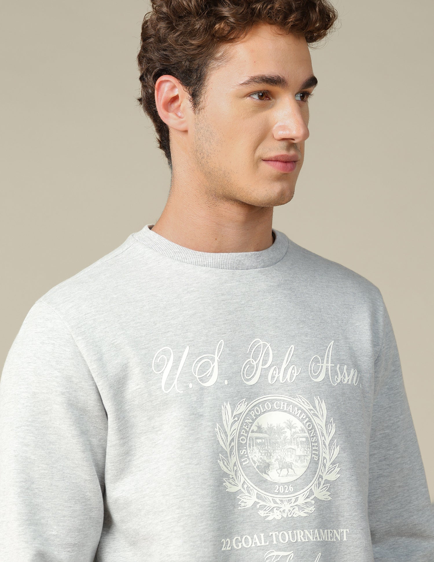 Graphic Brand Printed Regular Fit Sweatshirt Ecru Melange - U.S. Polo Assn. India | Large
