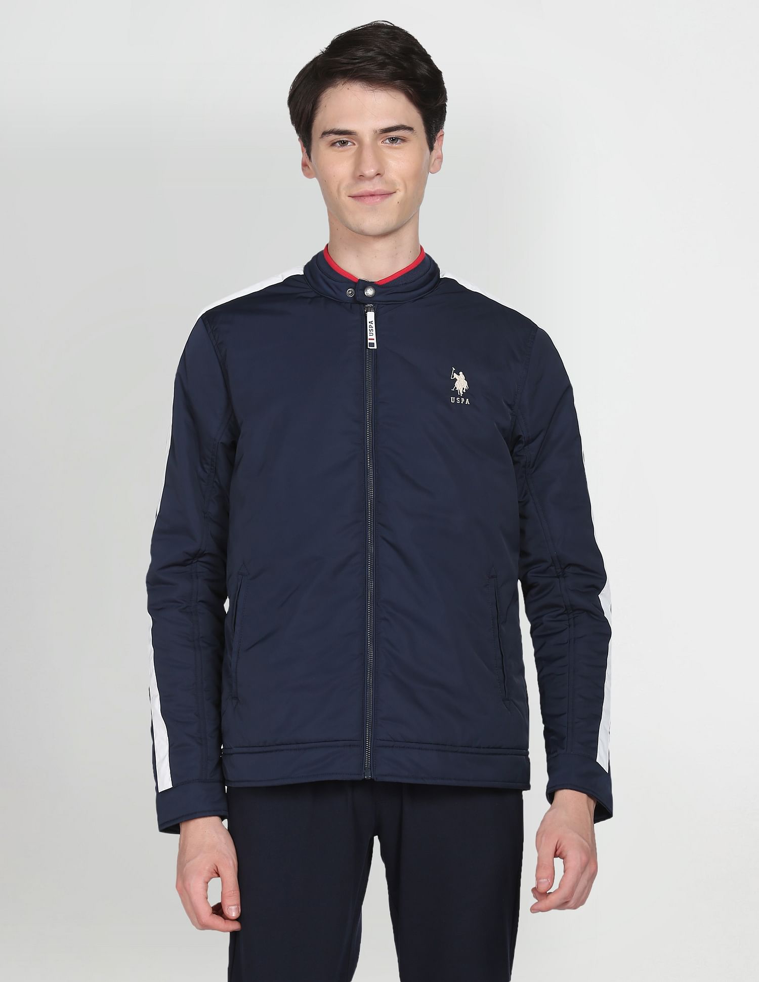 Men Navy Stand Collar Solid Jacket – U.S. Polo Assn. India