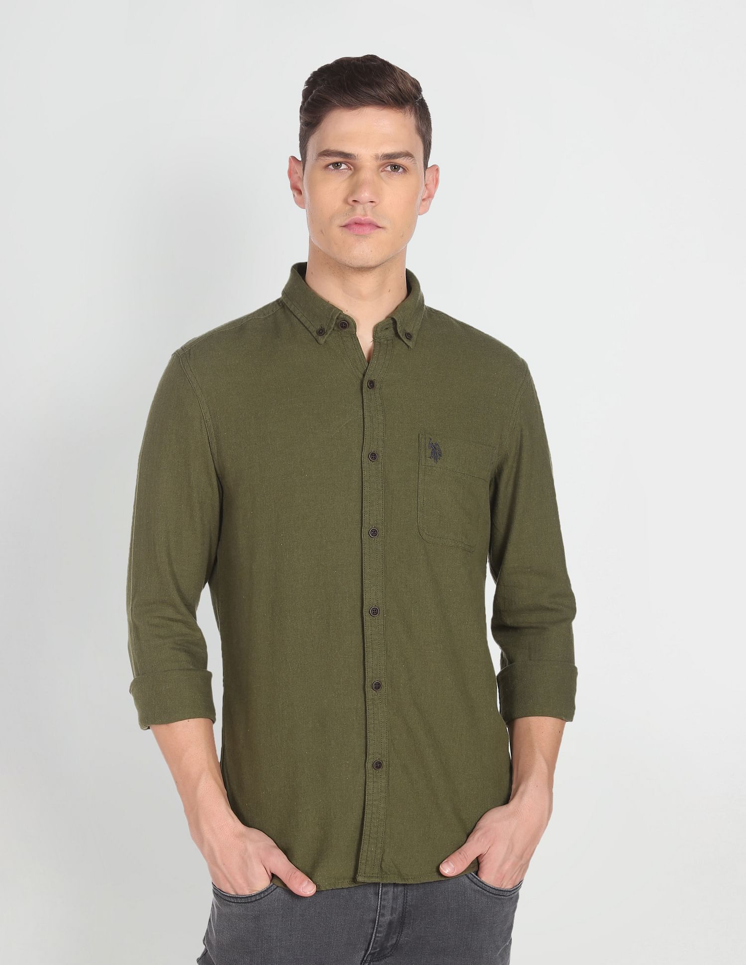 Button Down Collar Twill Casual Shirt Olive - U.S. Polo Assn. India | Large