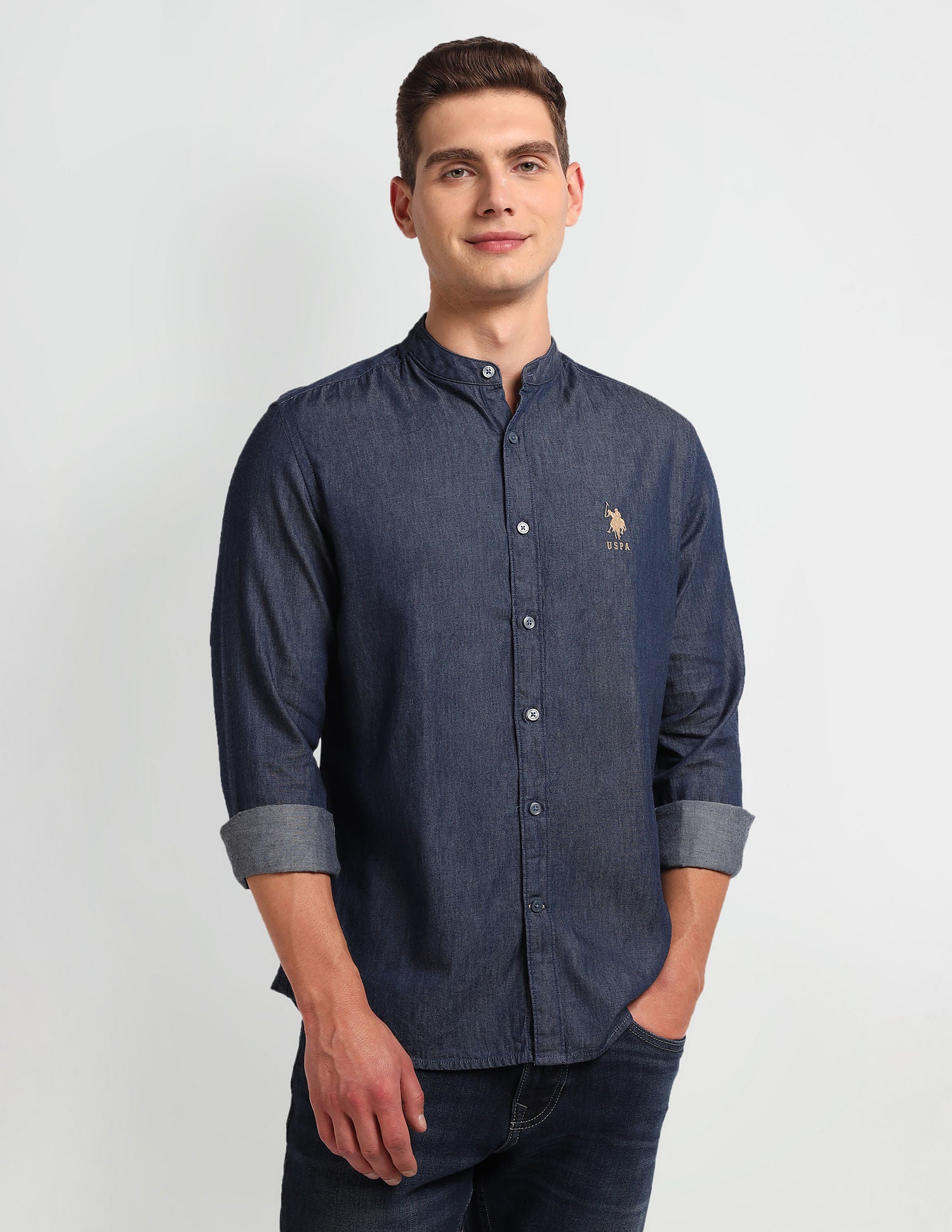 Mandarin Collar Denim Shirt Blue - U.S. Polo Assn. India | Large