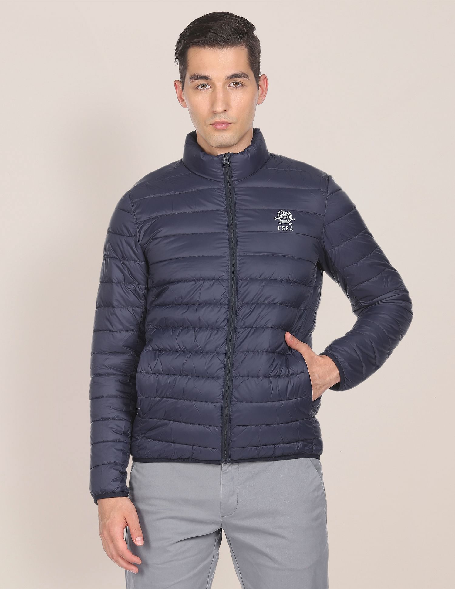 High Neck Nylon Solid Puffer Jacket Navy - U.S. POLO ASSN. | Large