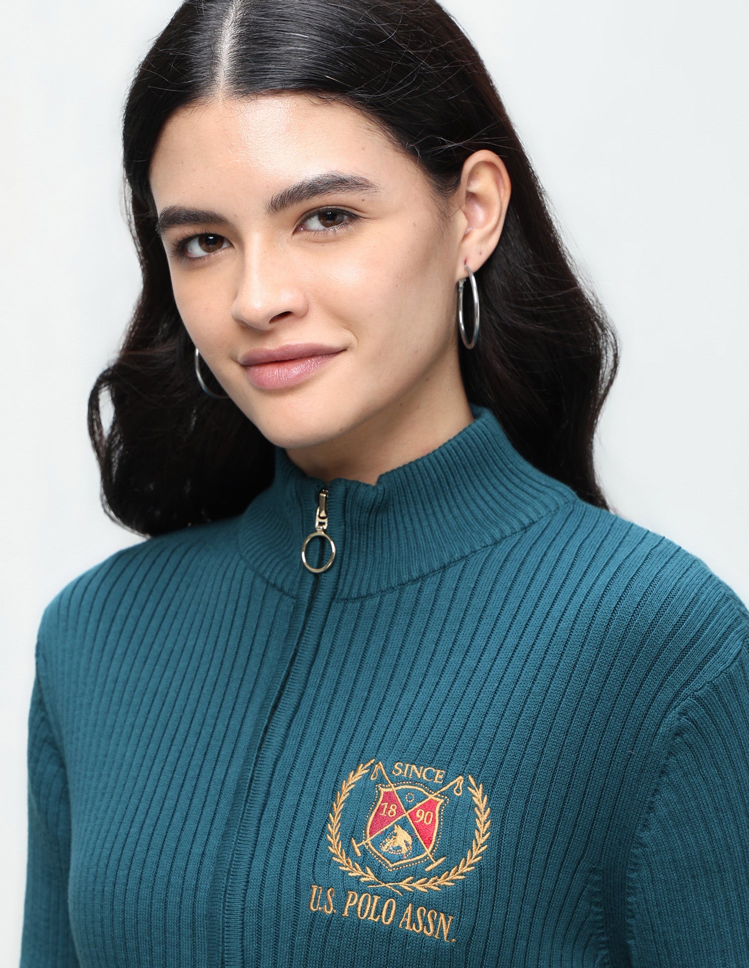 Patterned Knit Regular Fit Zipper Sweater Teal - U.S. Polo Assn. India | Large
