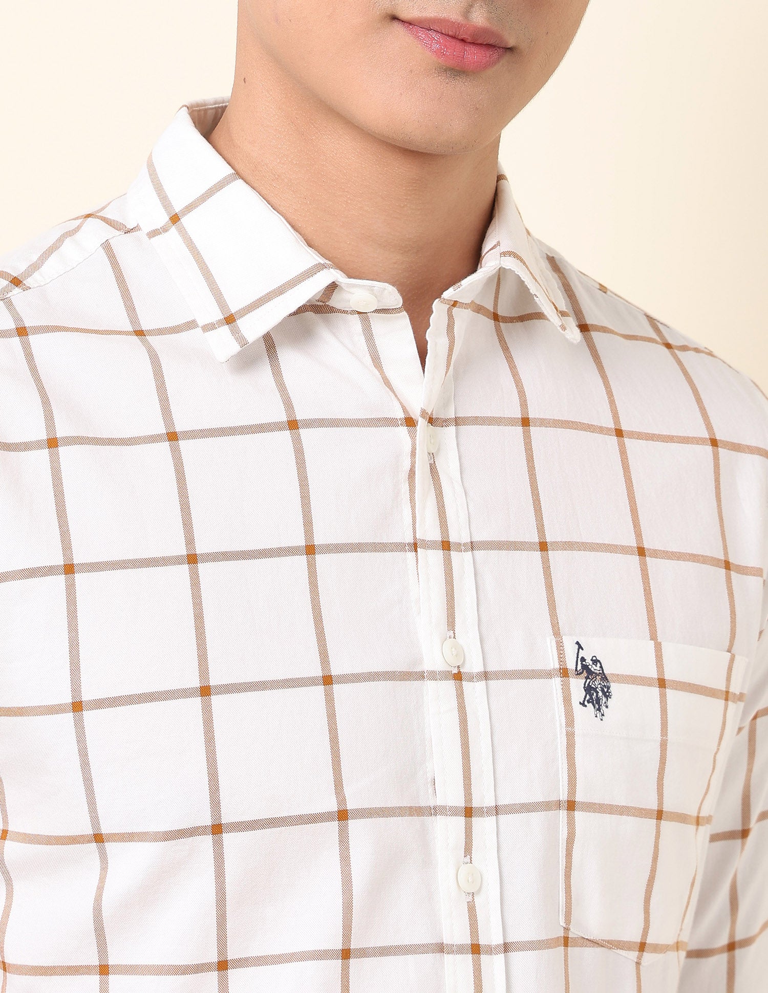 Pure Cotton Windowpane Checked Shirt Orange - U.S. Polo Assn. India | Large