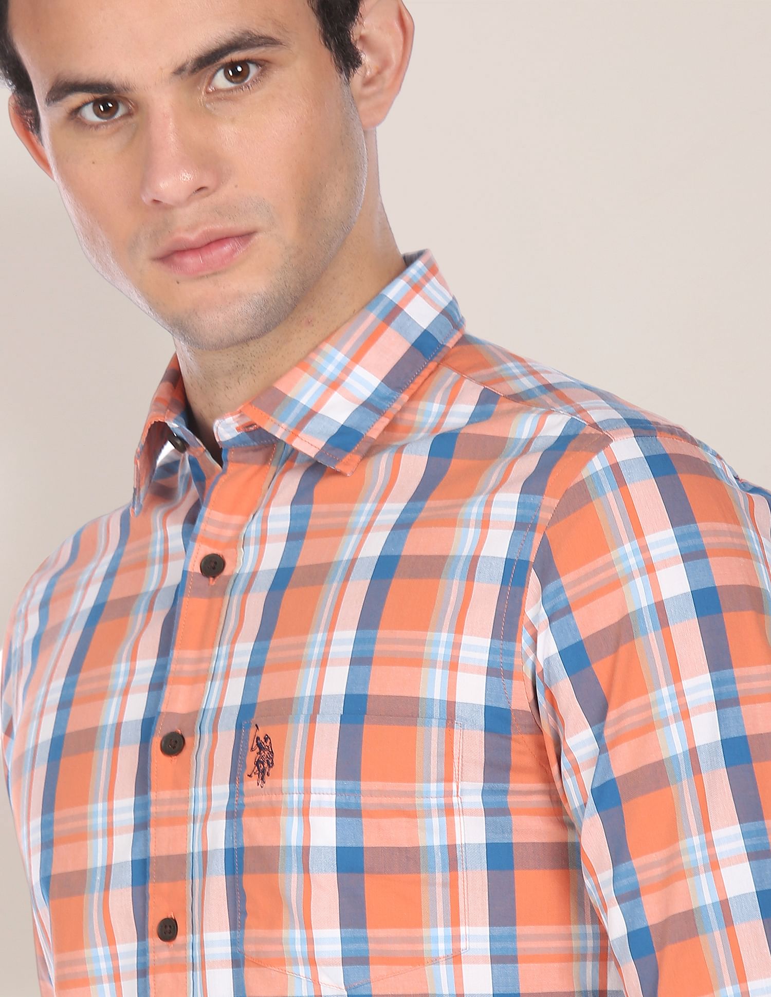Men Orange Spread Collar Check Casual Shirt Orange - U.S. POLO ASSN. | Large