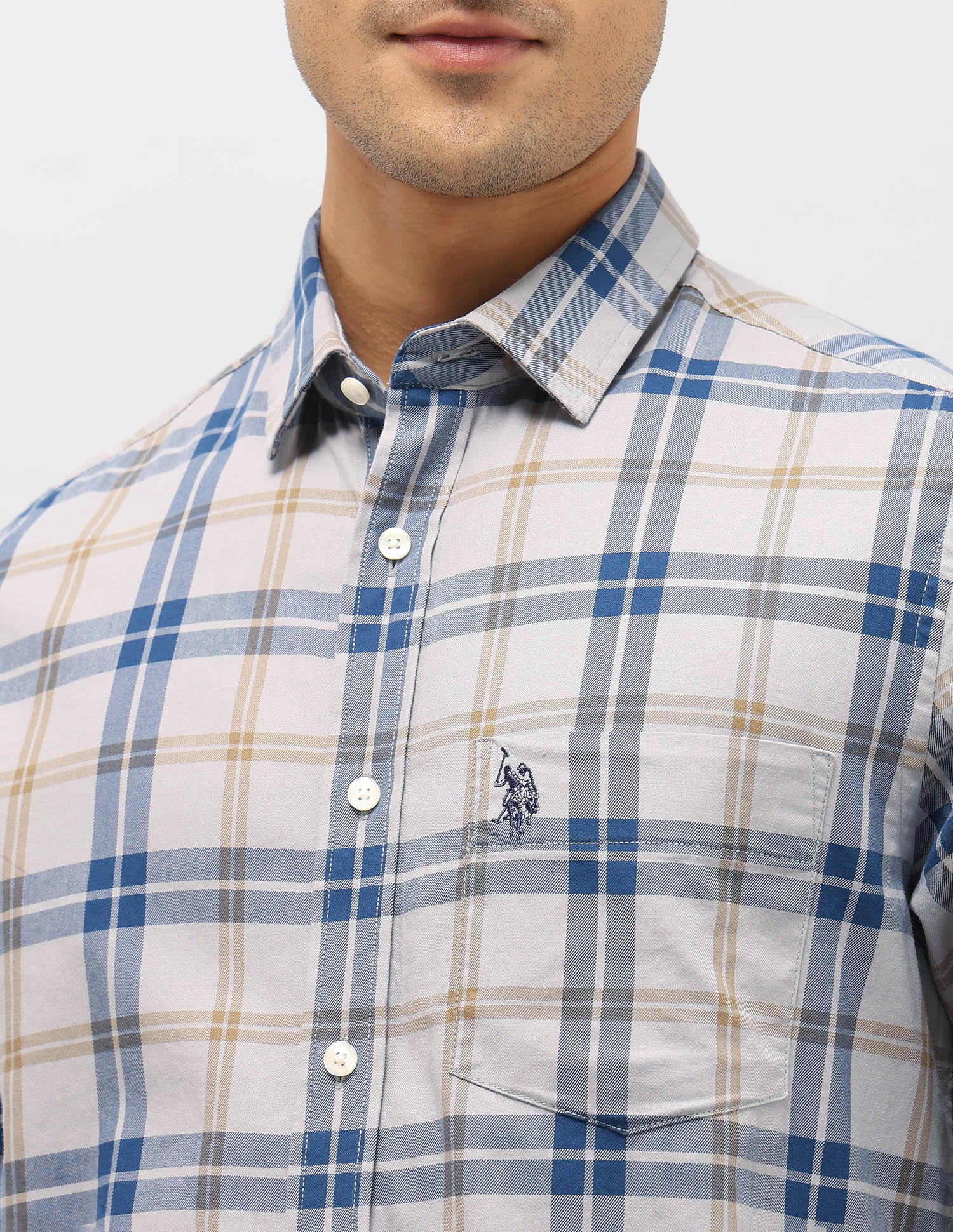 Plaid Checked Pure Cotton Shirt Light Grey - U.S. Polo Assn. India | Large