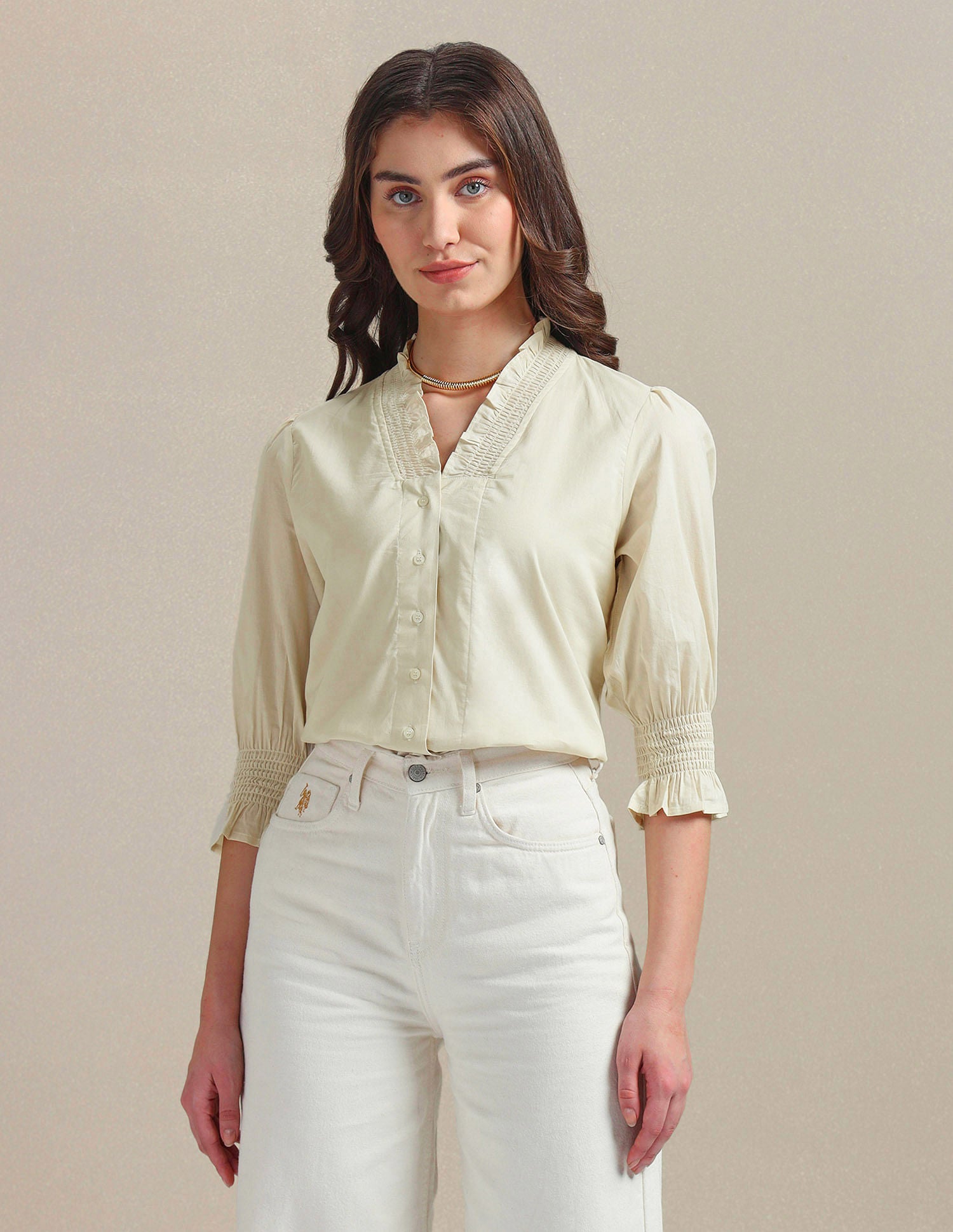 Ruffled V-Neck Cotton Top Black - U.S. POLO ASSN. | Large