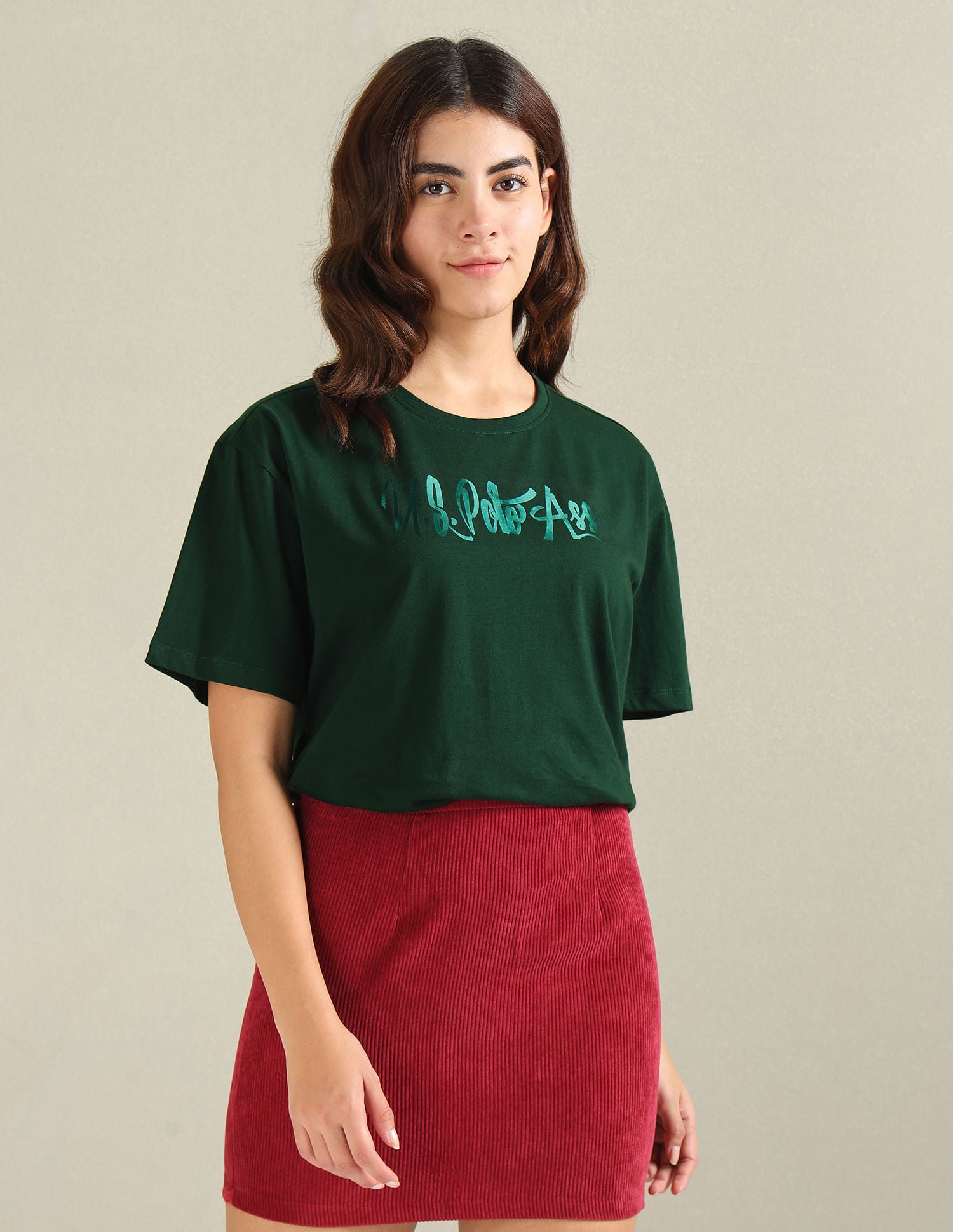 Tonal Logo Cotton Boyfriend T-Shirt Green - U.S. POLO ASSN. | Large