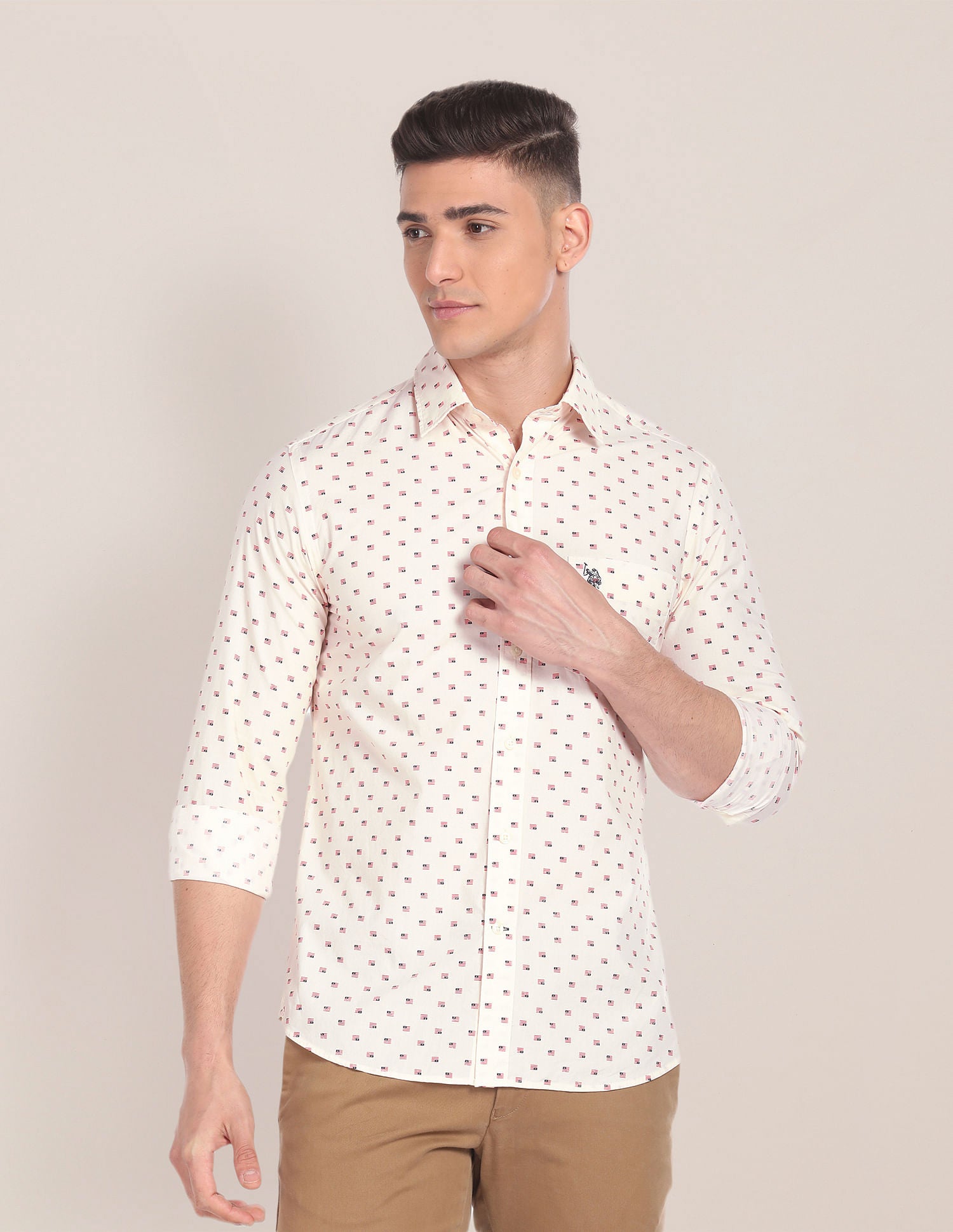 Spread Collar Brand Print Shirt Ivory - U.S. POLO ASSN. | Large