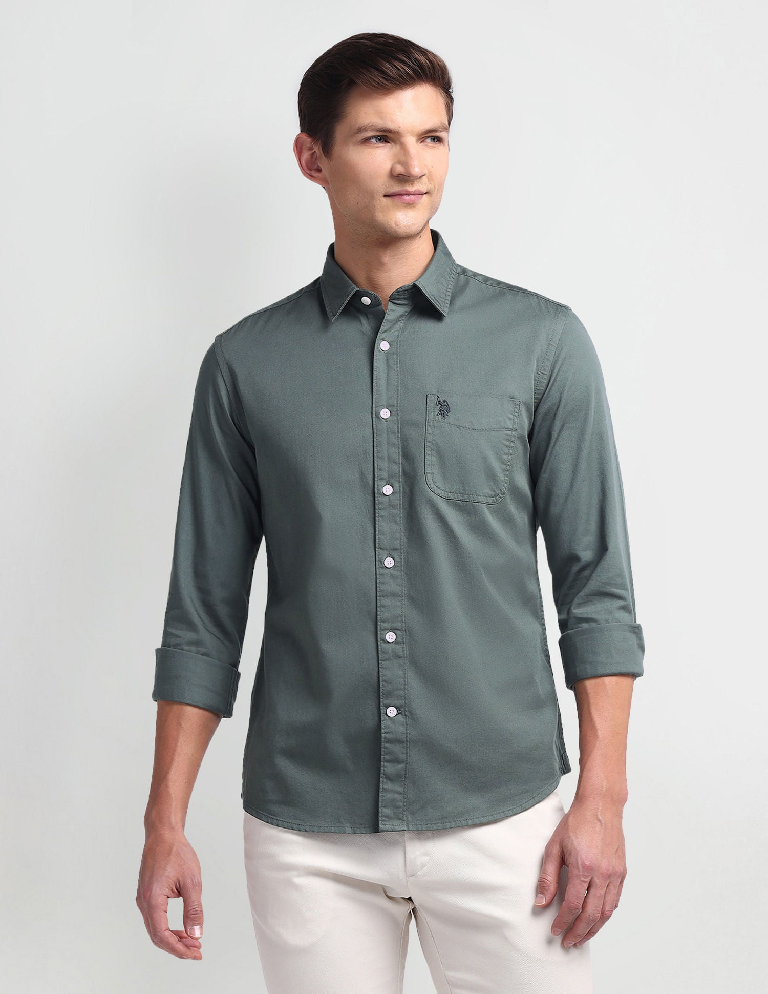 Semi Cutaway Collar Slim Fit Shirt Grey - U.S. Polo Assn. India | Large