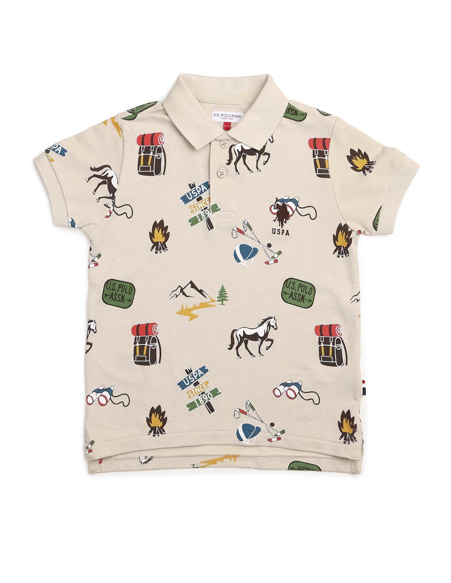 Boys All Over Printed Pure Cotton Polo Shirt Light Brown - U.S. POLO ASSN. | Large