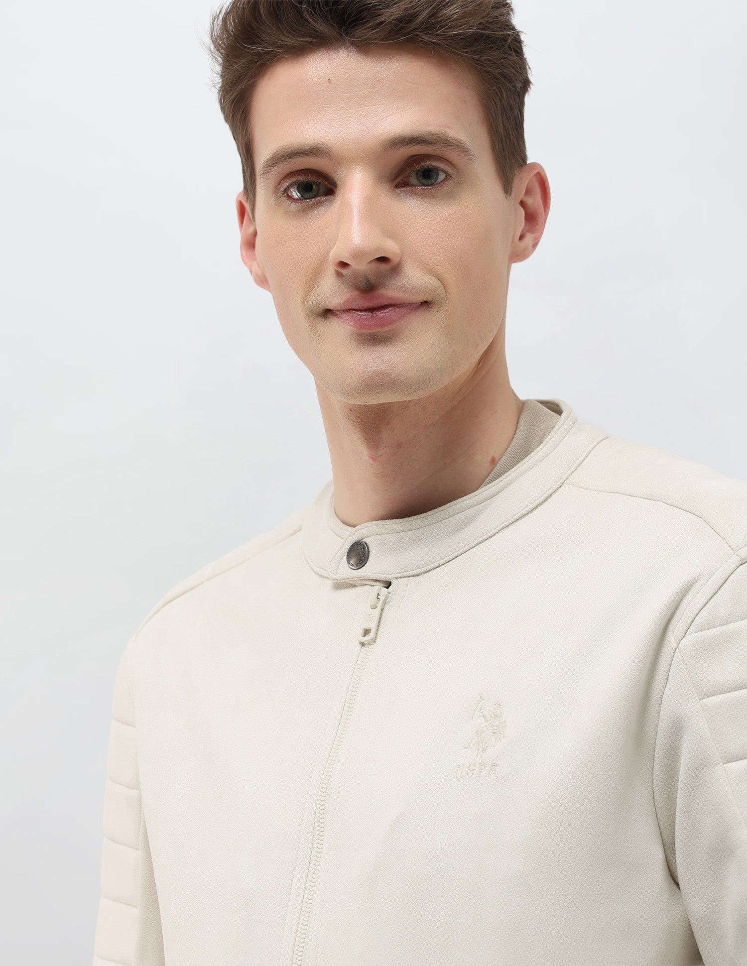 Solid Regular Fit Biker Jacket Ivory - U.S. Polo Assn. India | Large