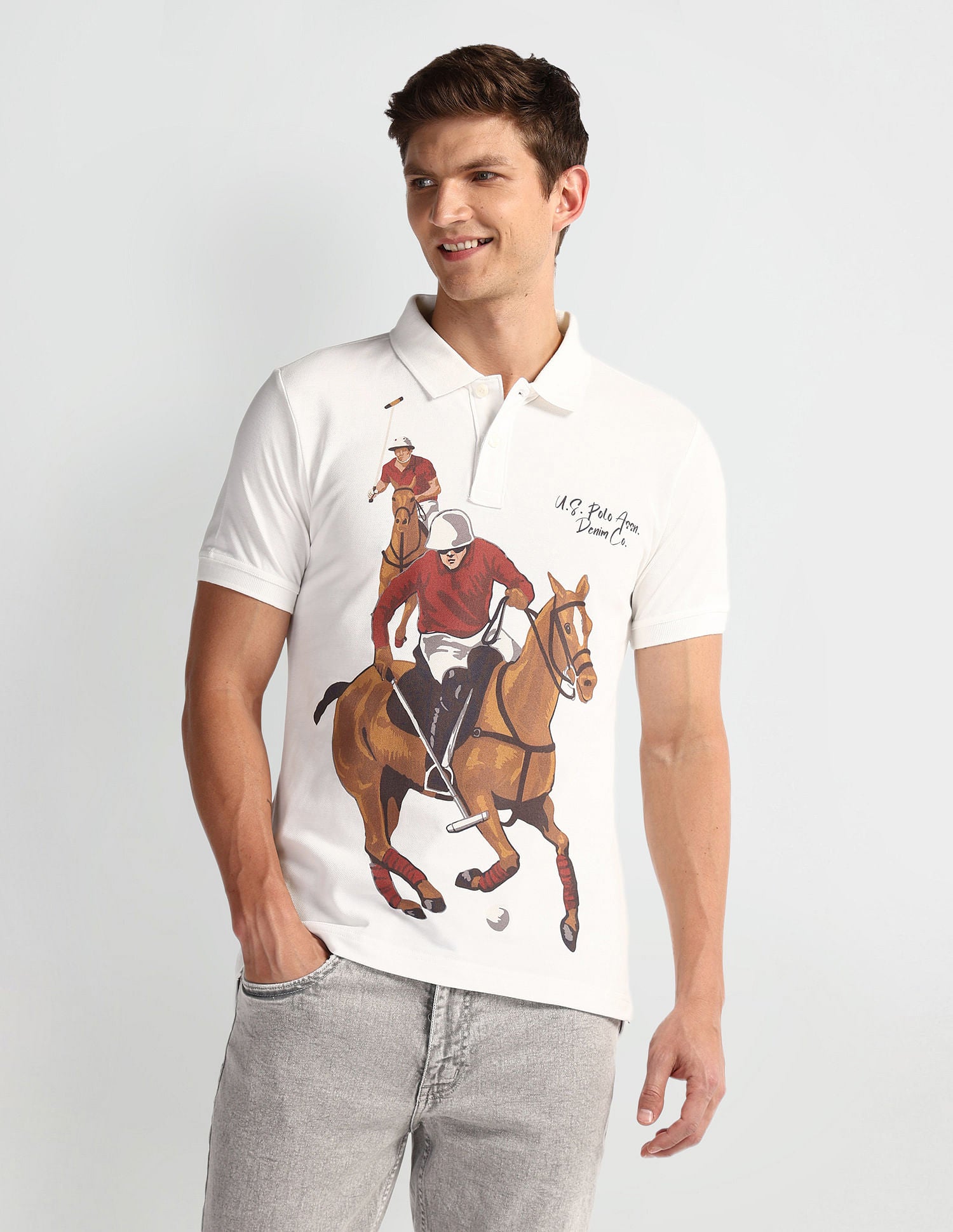 Graphic Print Muscle Fit Polo Shirt Ivory - U.S. POLO ASSN. | Large