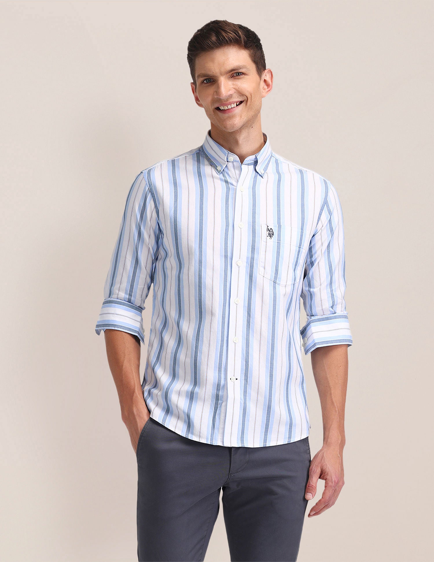 Button Down Tailored Fit Shirt Blue - U.S. Polo Assn. India | Large
