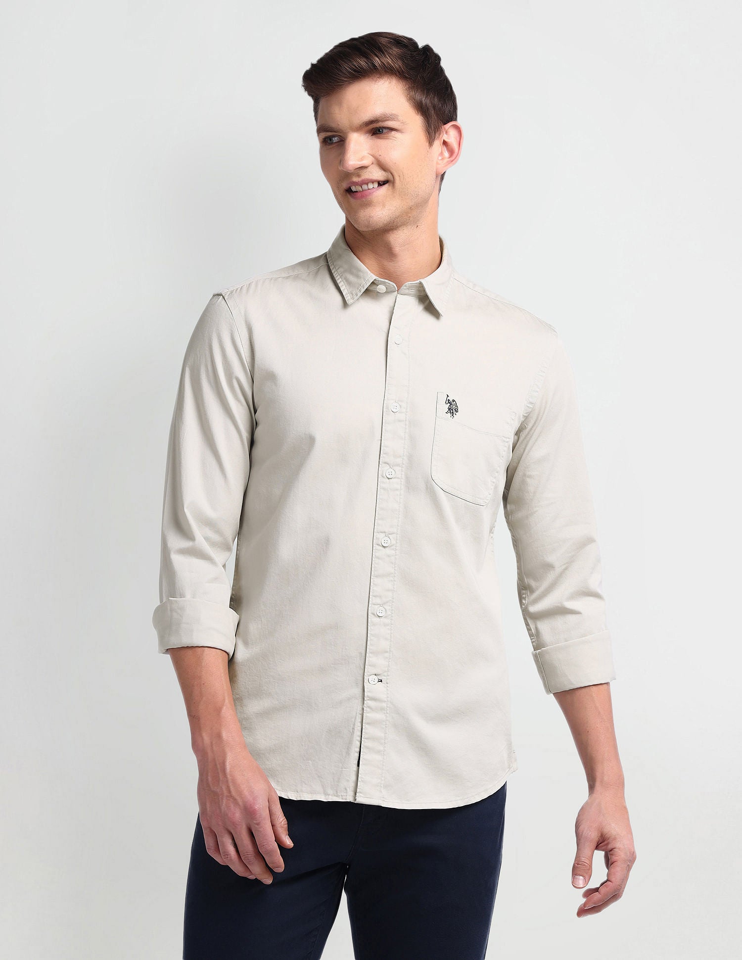 Semi Cutaway Collar Slim Fit Shirt Off White - U.S. Polo Assn. India | Large