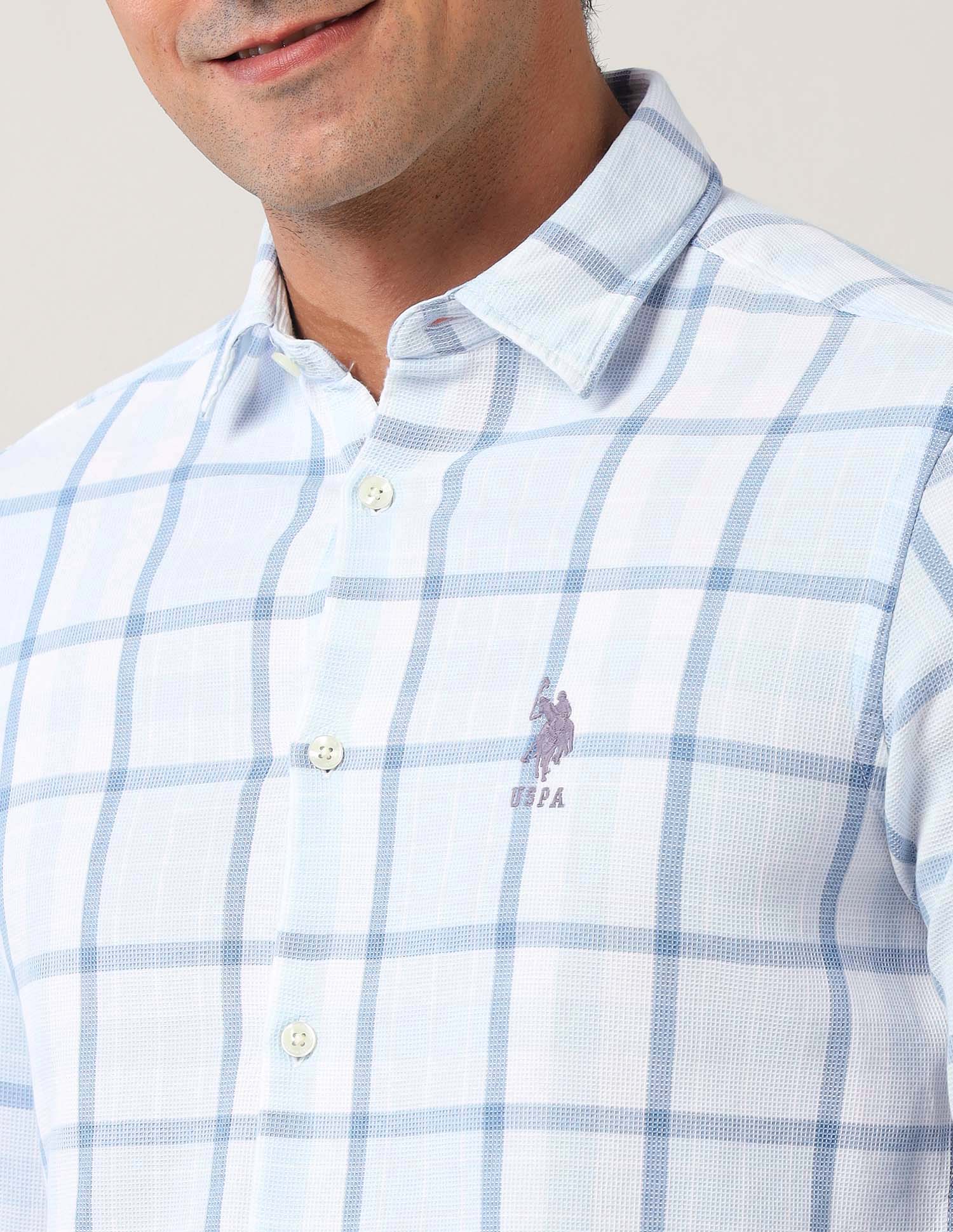 Windowpane Checked Regular Fit Shirt Light Indigo - U.S. Polo Assn. India | Large