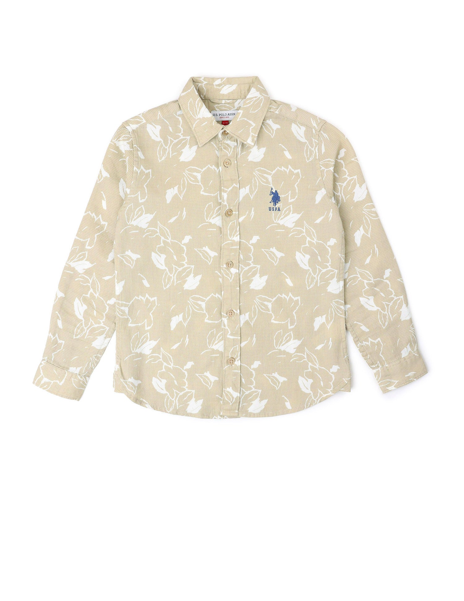 Boys Floral Printed Dobby Shirt Beige - U.S. POLO ASSN. | Large