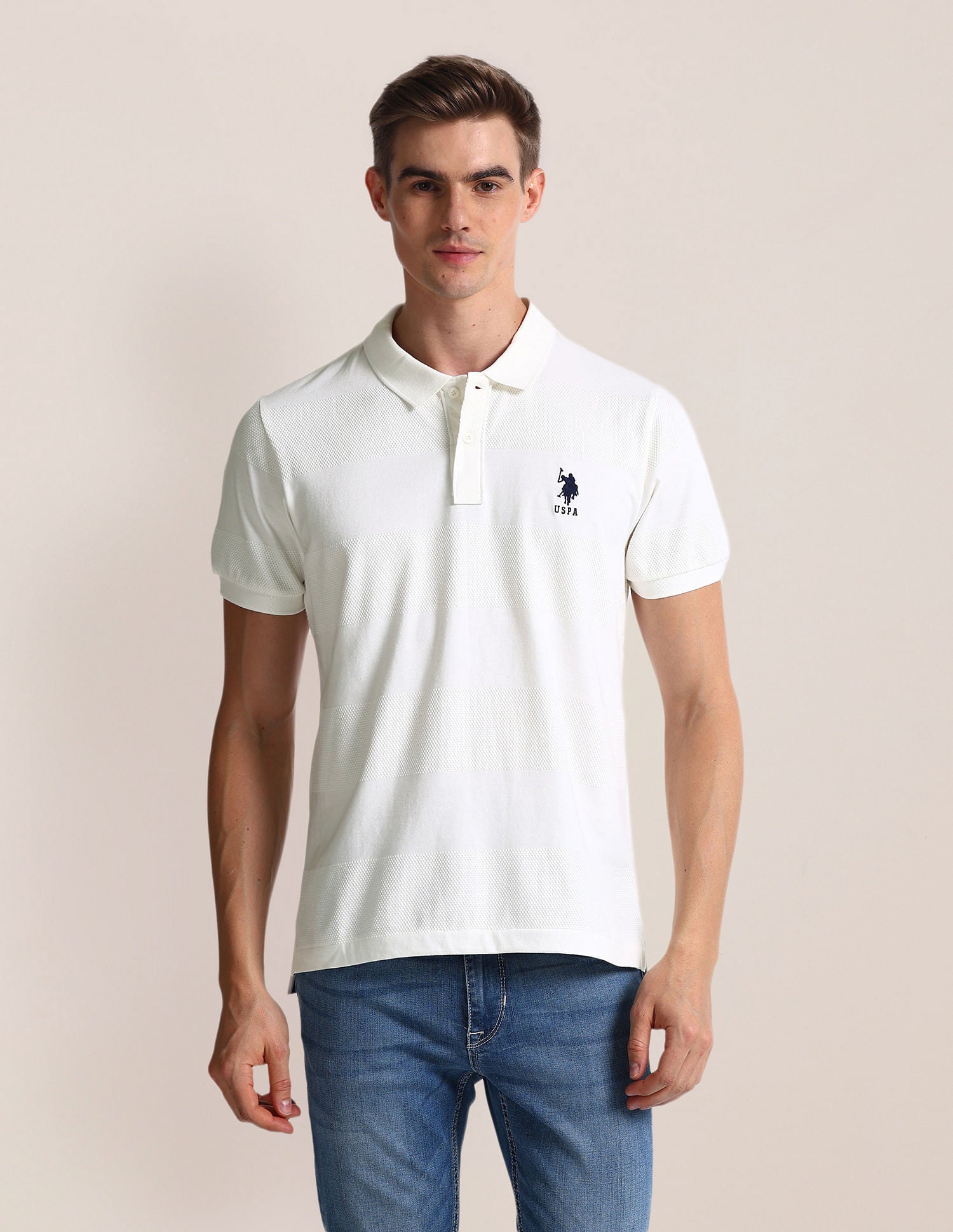 Patterned Knit Slim Fit Polo Shirt White - U.S. Polo Assn. India | Large