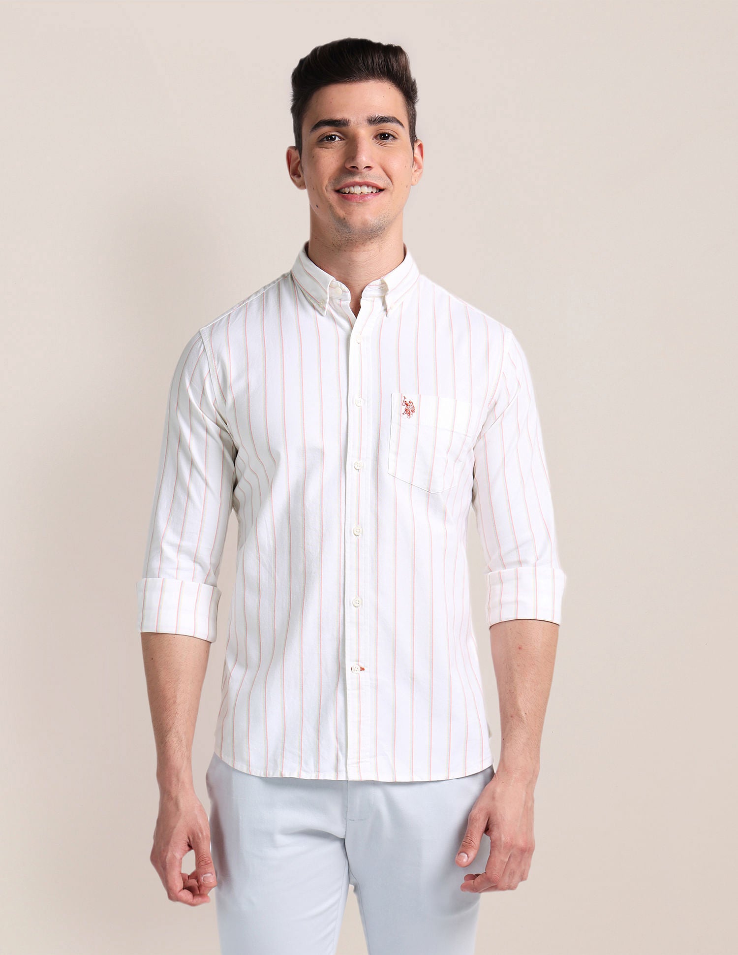 Vertical Stripe Cotton Stretch Shirt Ivory - U.S. Polo Assn. India | Large