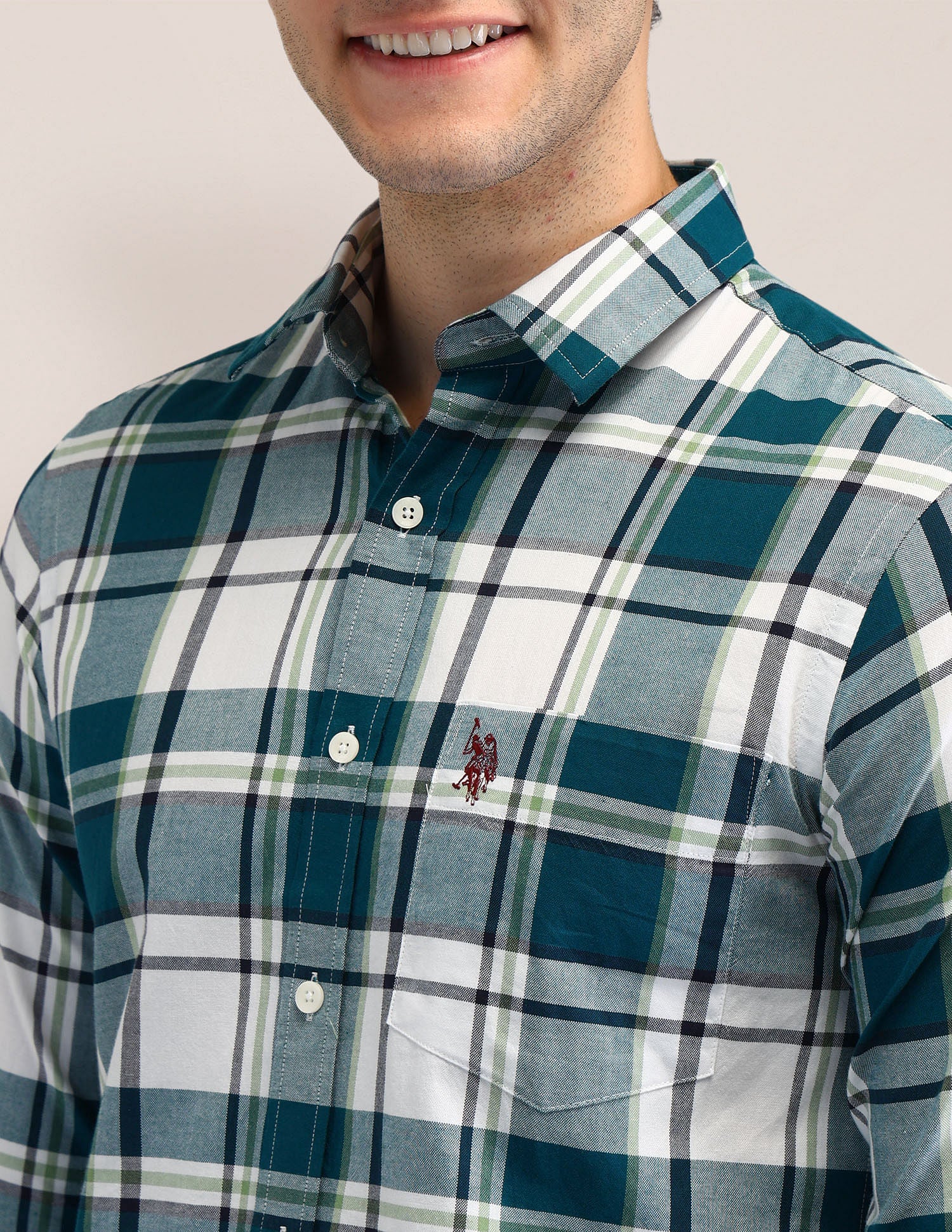 Tailored Fit Dobby Checked Shirt Teal - U.S. POLO ASSN. | Large